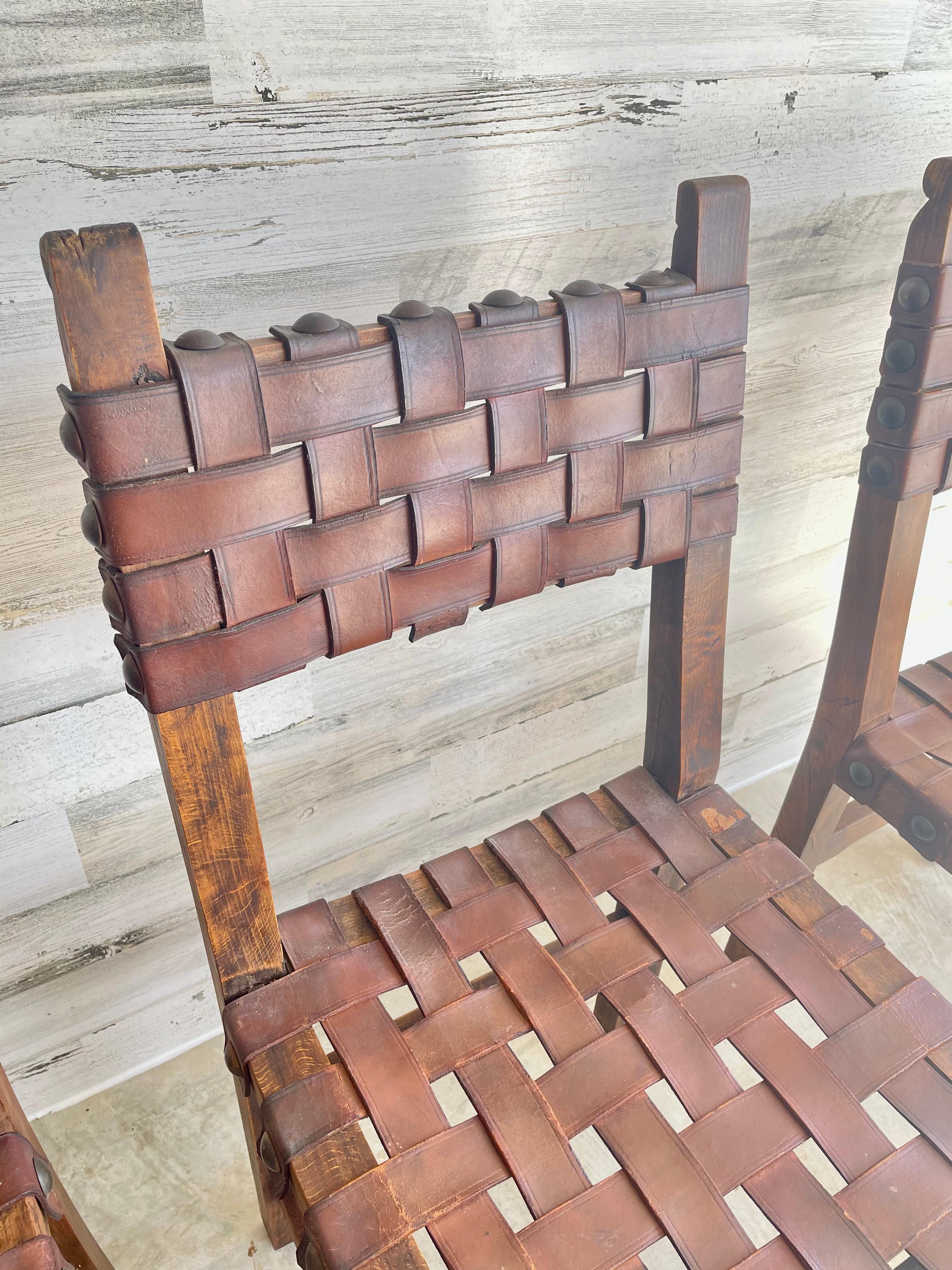 Mid-20th Century Antique Woven Belt Strap Leather Dining Chairs