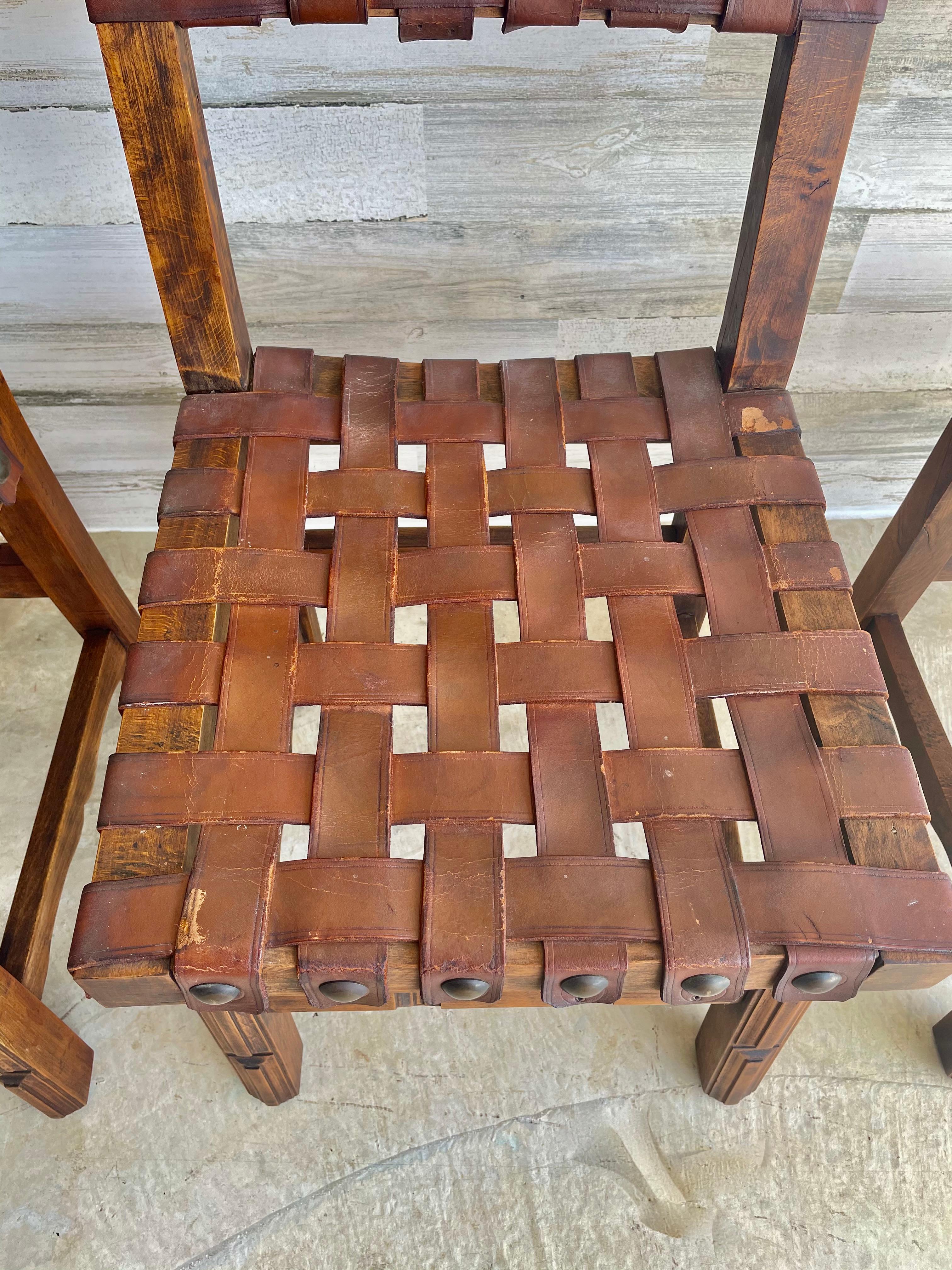 Antique Woven Belt Strap Leather Dining Chairs 1