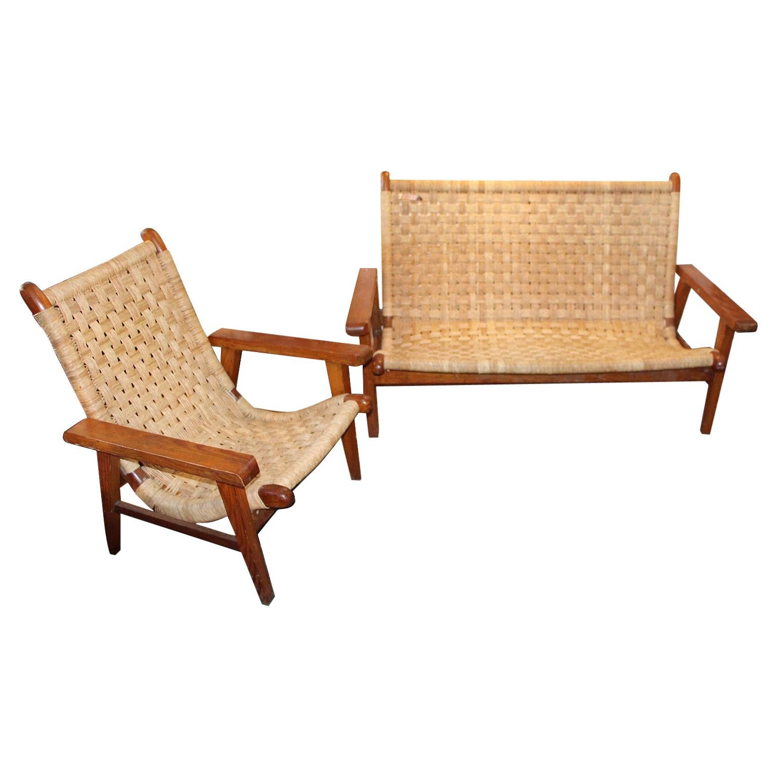 Antique Woven Bench Chair Set