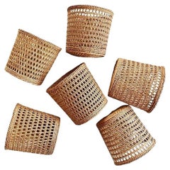 Antique Woven Brown Wicker Cane Cup Holders 1920s, Set of 6