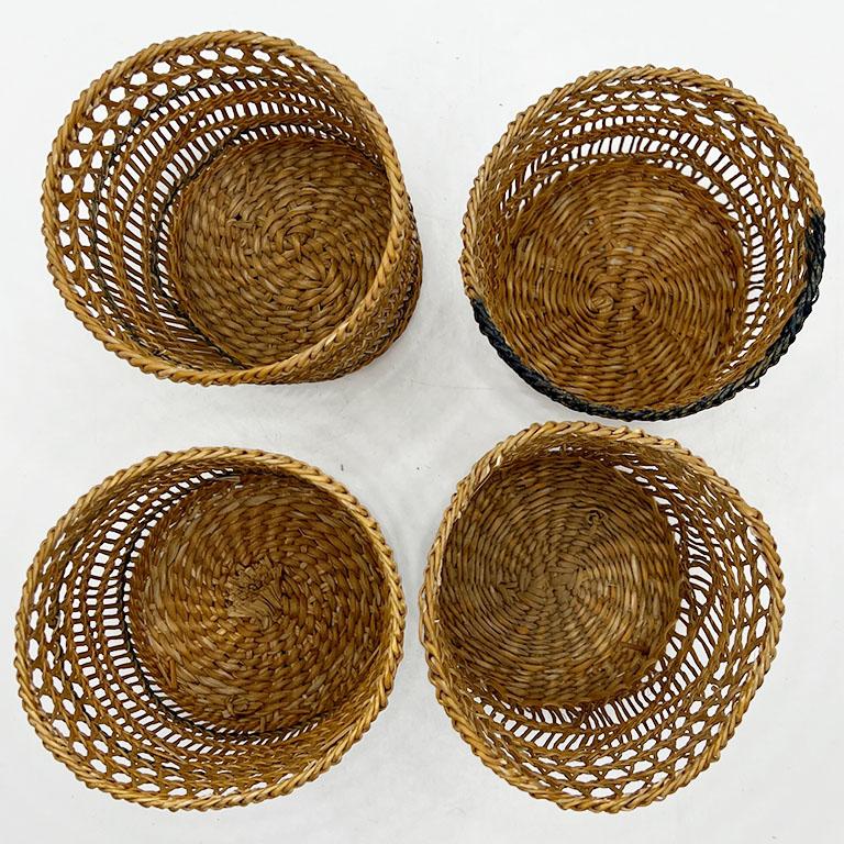 Antique Woven Brown Wicker Cup Holders 1920s - Set of 4 In Good Condition For Sale In Oklahoma City, OK