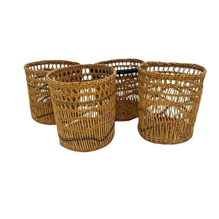 Early 20th Century Antique Woven Brown Wicker Cup Holders 1920s - Set of 4 For Sale