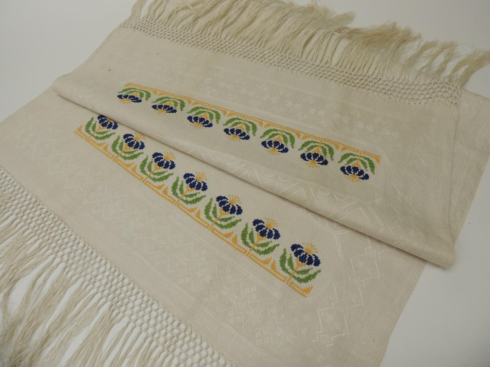19th Century Antique Woven Floral Turkish Towels with Hand-Knotted Fringes