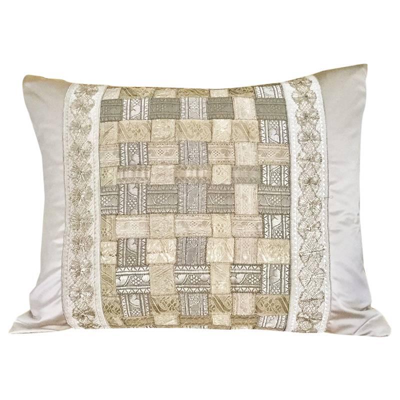 Antique Woven Galloons on Ivory Silk Pillow by Eleganza Italiana For Sale