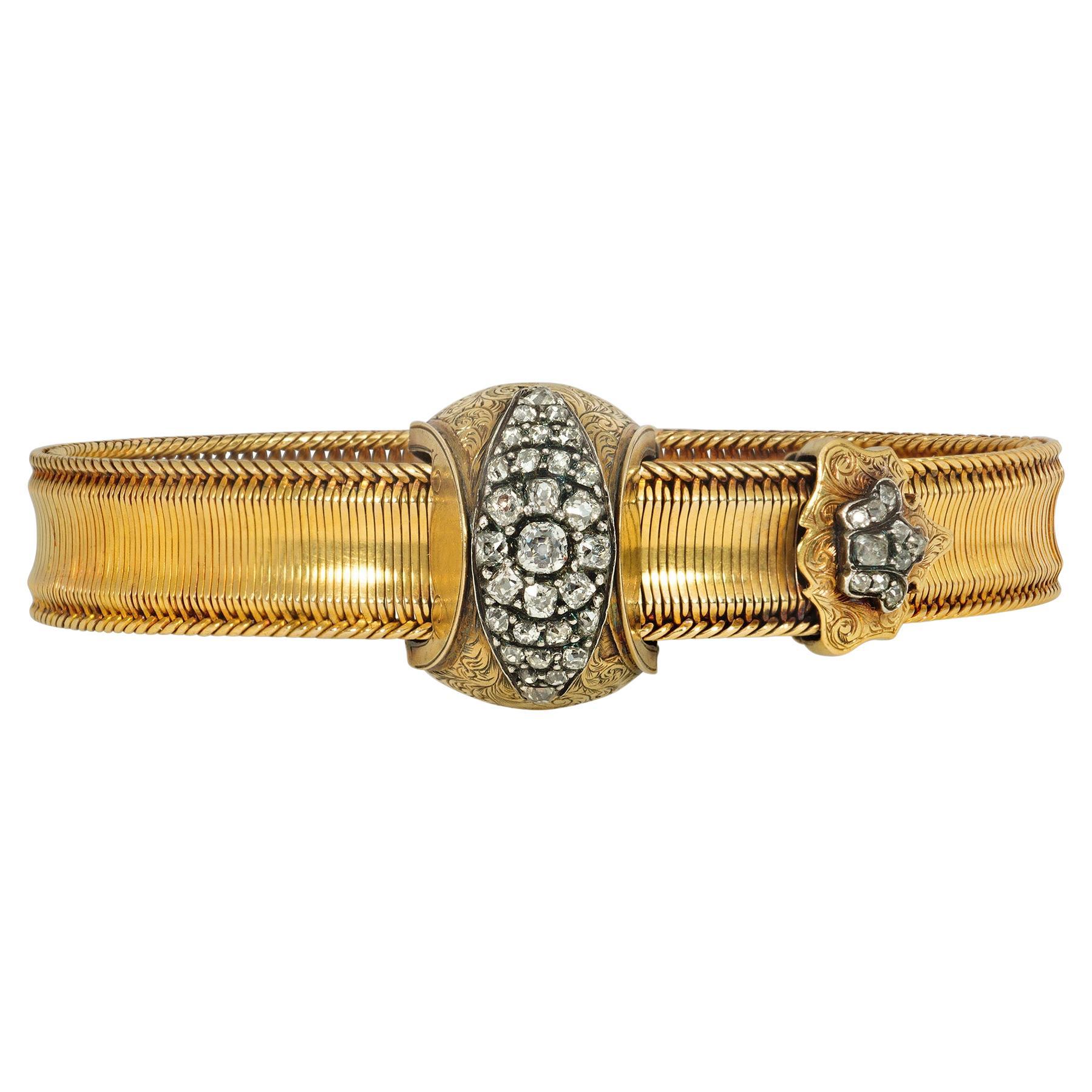 Antique Woven Gold and Diamond Jarretière Bracelet of Strap and Buckle Design For Sale