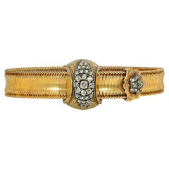 Antikes gewebtes Gold- und Diamant-Jarretière-Armband mit Riemen- und Schnallen-Design