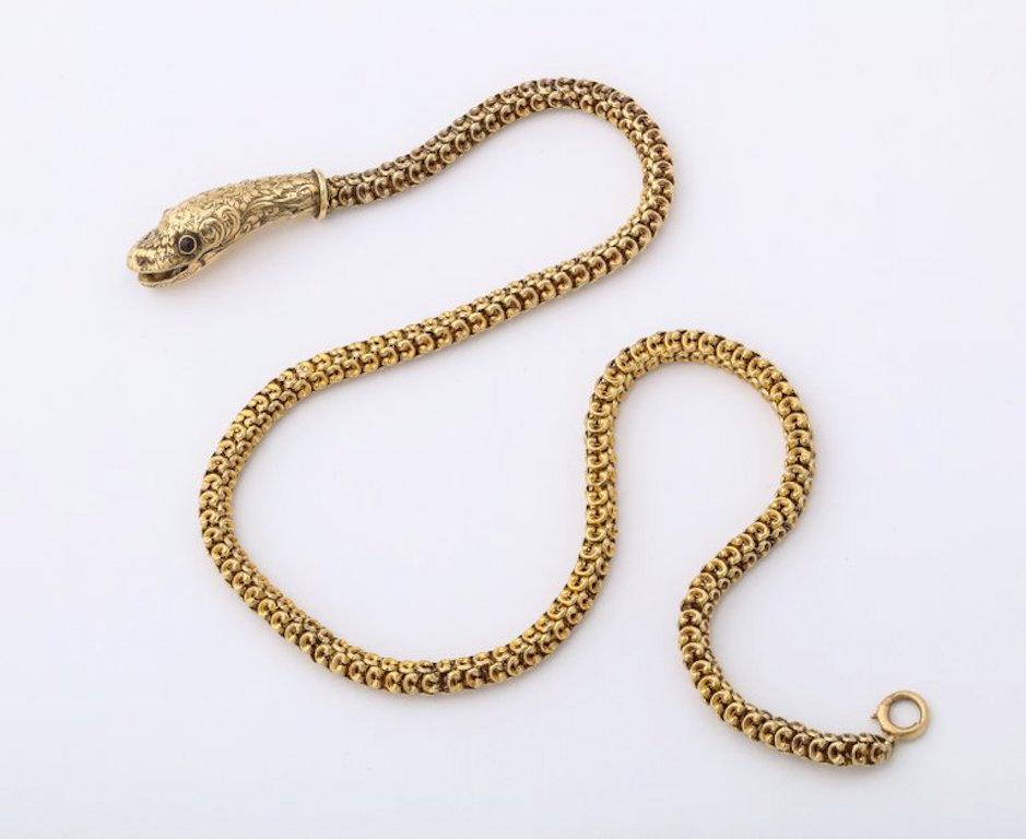 Victorian Antique Woven Gold Snake Necklace with Rubies and Diamond Drop