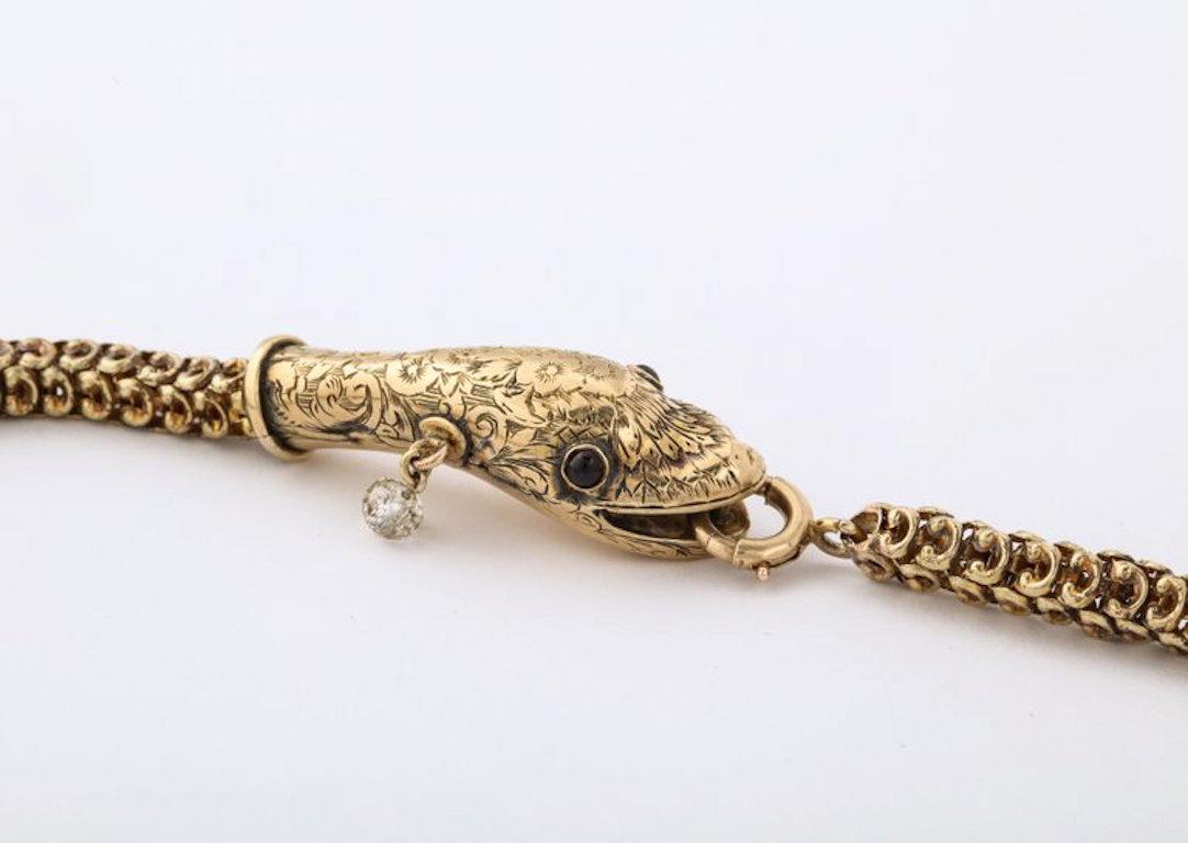 Antique Woven Gold Snake Necklace with Rubies and Diamond Drop In Good Condition In New York, NY