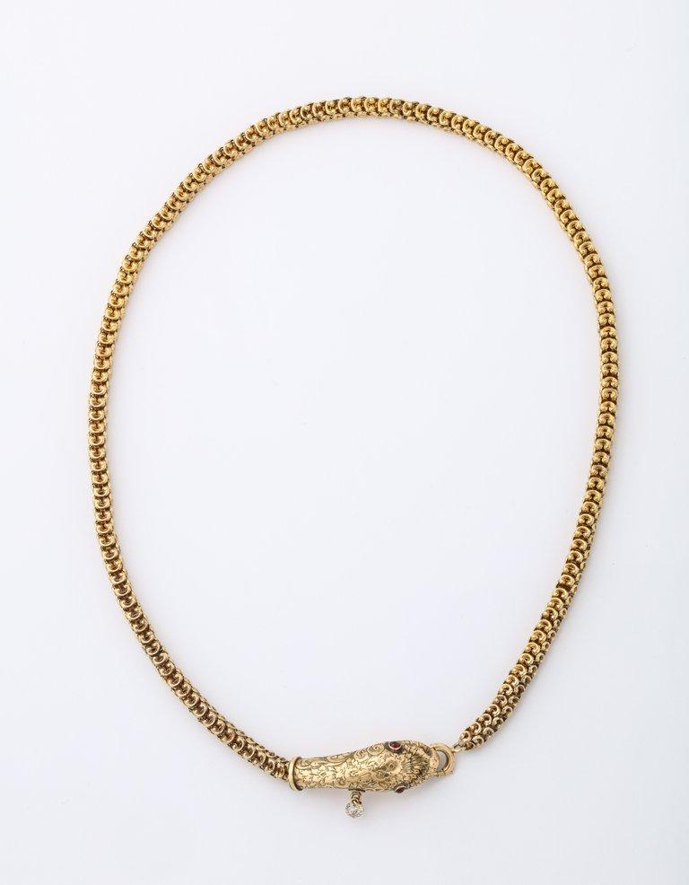 Women's Antique Woven Gold Snake Necklace with Rubies and Diamond Drop