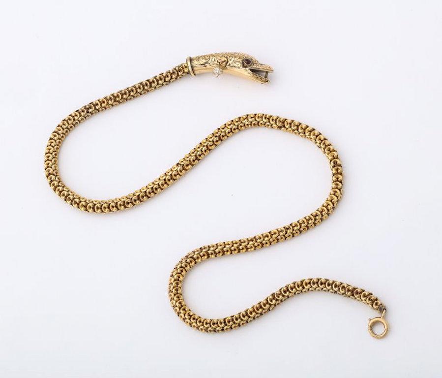 Antique Woven Gold Snake Necklace with Rubies and Diamond Drop 3