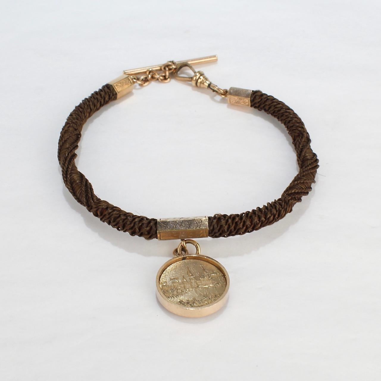 Victorian Antique Woven Hair and Gold-Filled Memorial Watch Chain with Odd Fellows Pendant