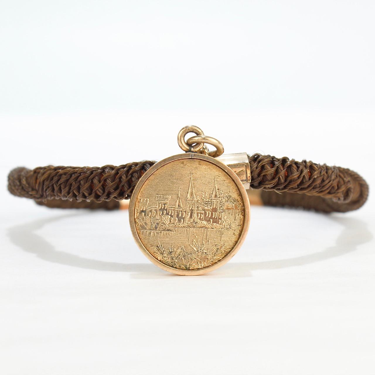 Antique Woven Hair and Gold-Filled Memorial Watch Chain with Odd Fellows Pendant In Good Condition In Philadelphia, PA