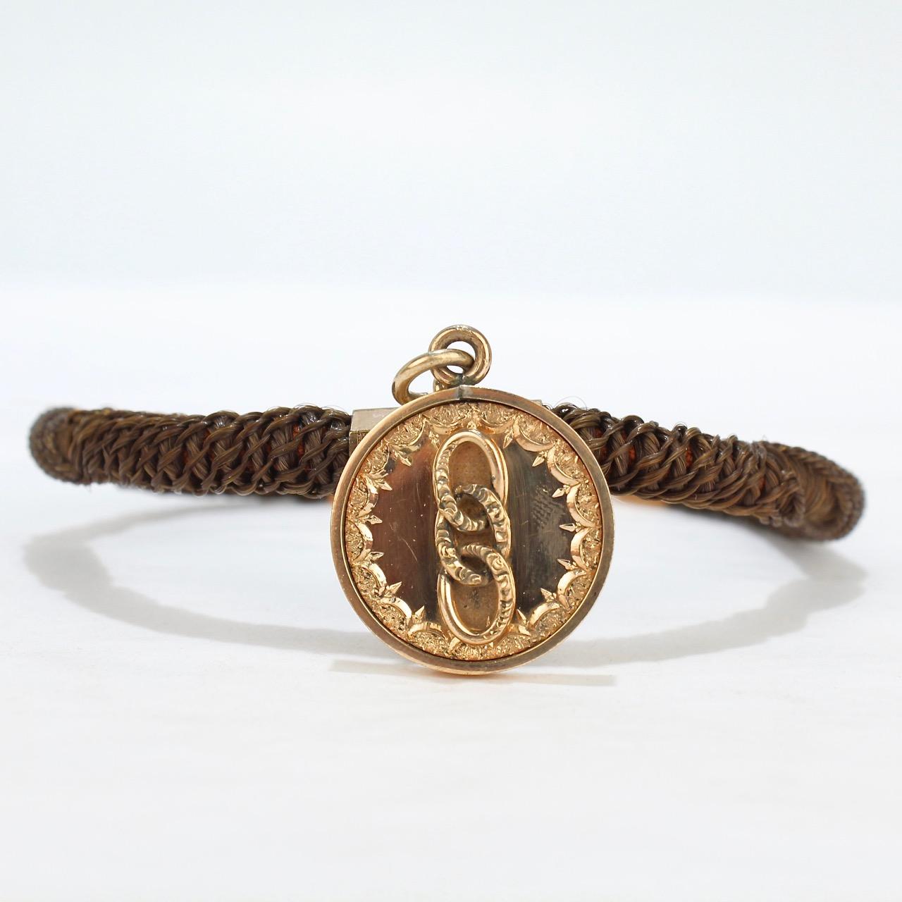 Women's or Men's Antique Woven Hair and Gold-Filled Memorial Watch Chain with Odd Fellows Pendant