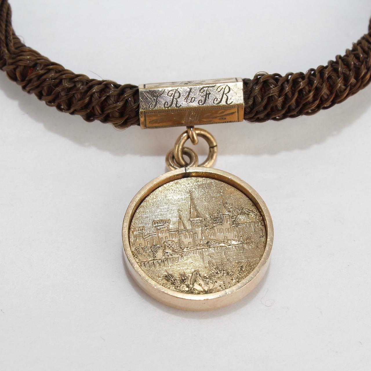 Antique Woven Hair and Gold-Filled Memorial Watch Chain with Odd Fellows Pendant 3