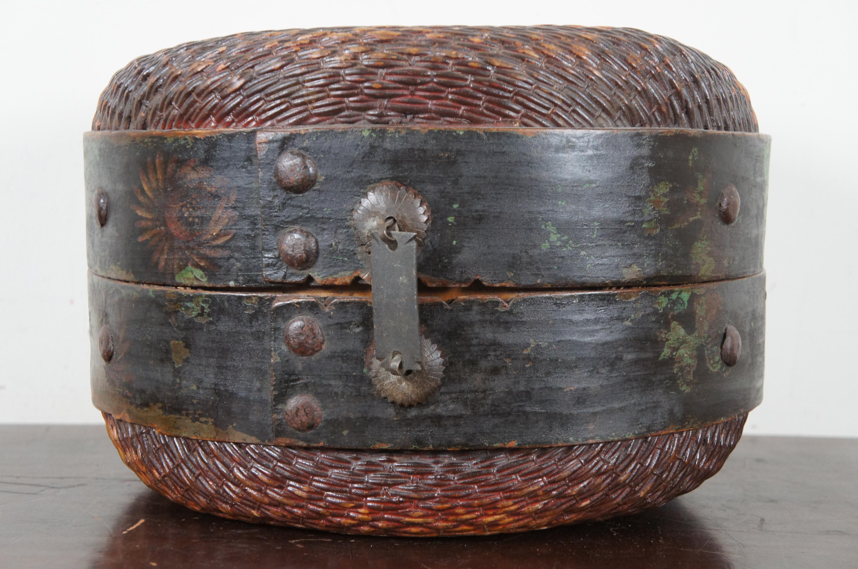 Chinoiserie Antique Woven Mongolian Willow Reed Basket Box Round Grain Container Picnic