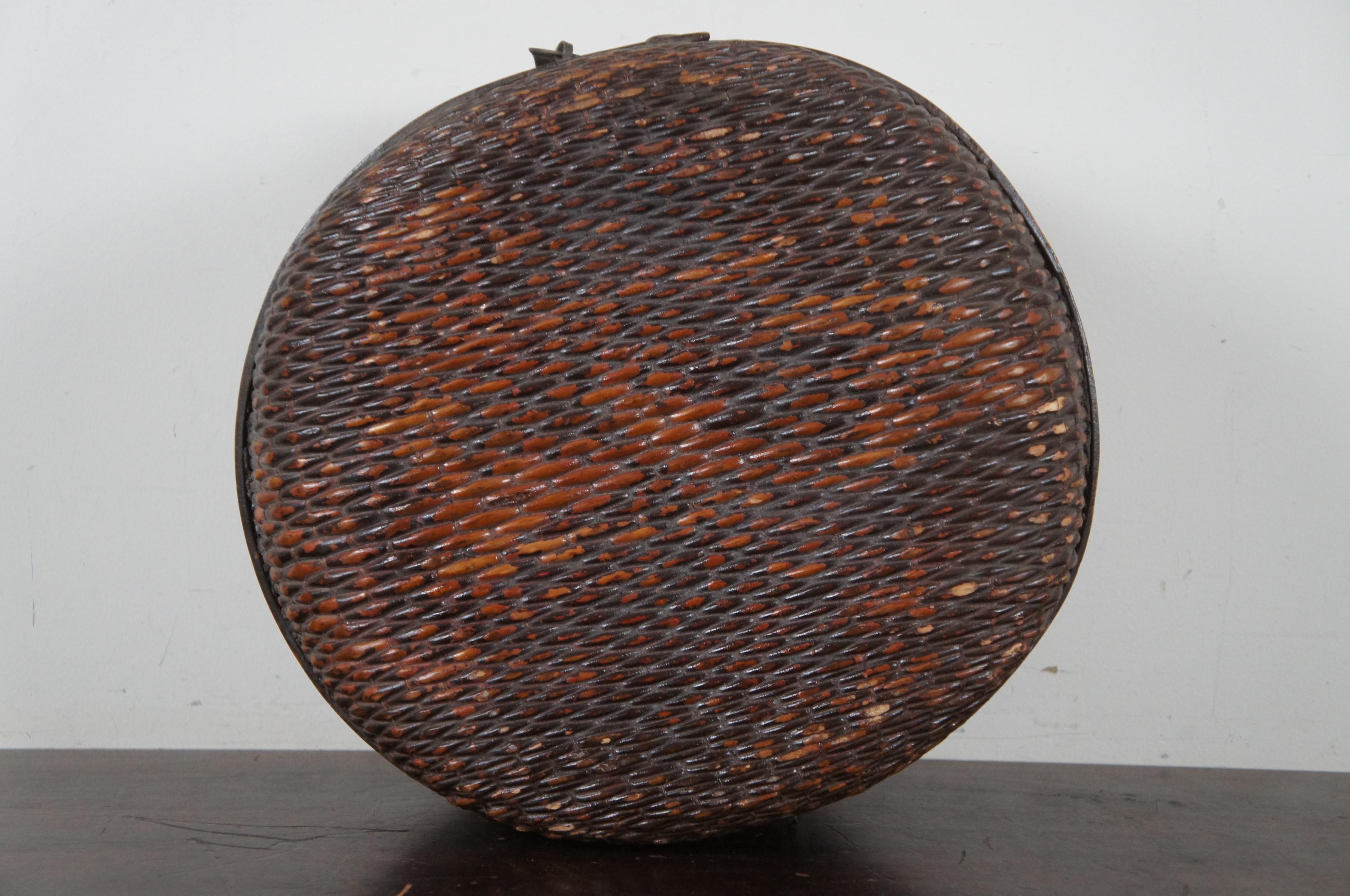20th Century Antique Woven Mongolian Willow Reed Basket Box Round Grain Container Picnic