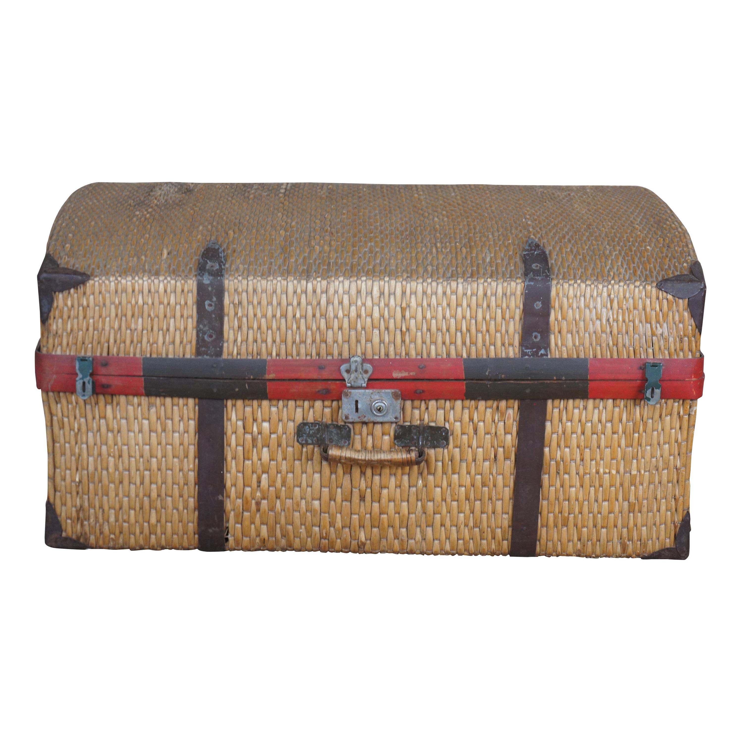 Antique Woven Rattan Bamboo Suitcase Luggage Trunk Coffee Table Boho Chic