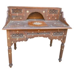Antique Writing Desk and Chair Set circa 1920s, Moorish Style Inlaid Desk