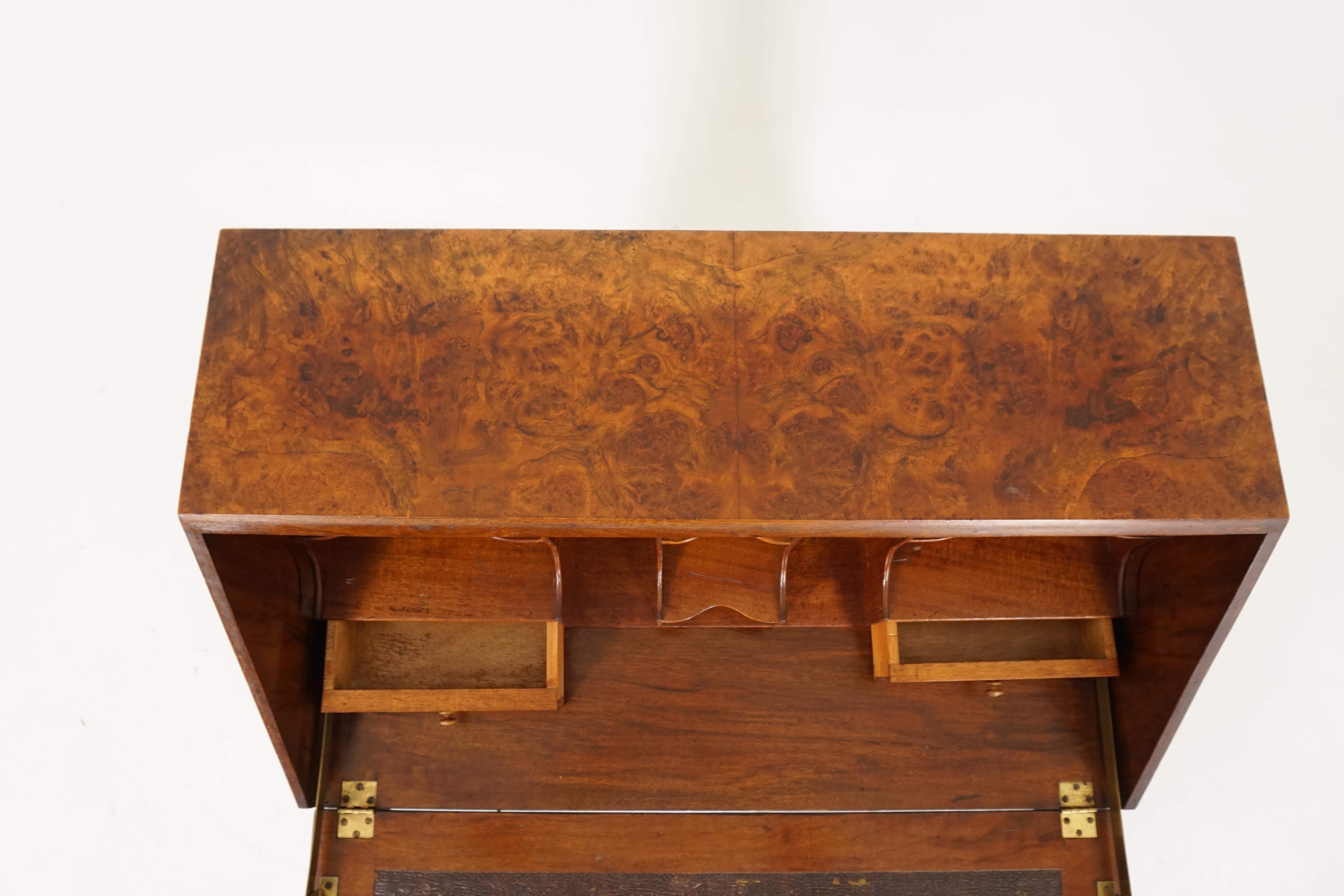 Hand-Crafted Antique Writing Desk, Burr Walnut Ladies Slant Front Desk, Scotland 1920, B1821