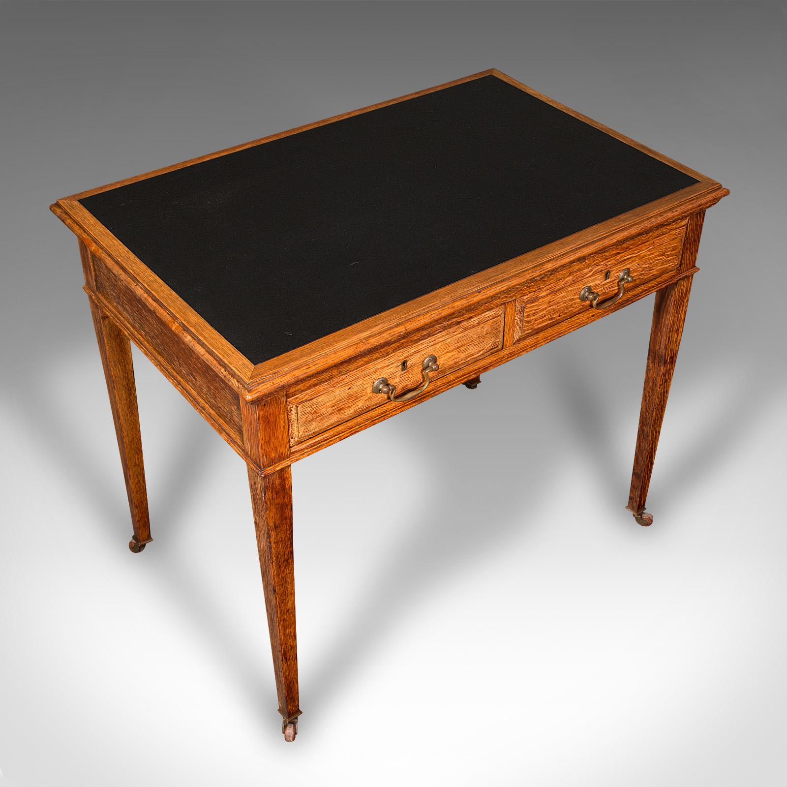 Antique Writing Desk, English, Oak, Leather, Correspondence Table, Edwardian For Sale 1