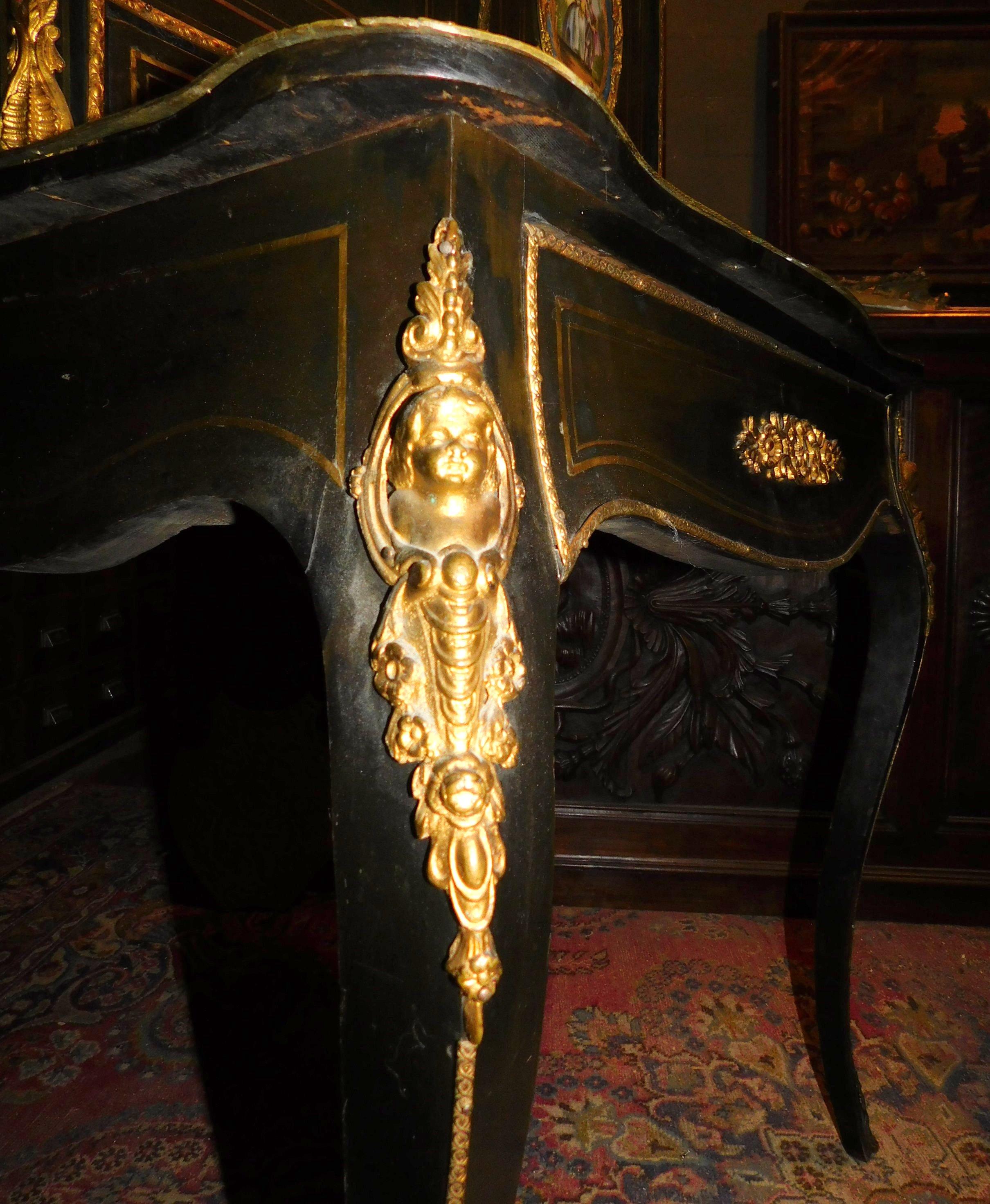 Antique Writing Desk Raised Doors, Bronze, Brass & Sèvres Ceramics, '800 France For Sale 3