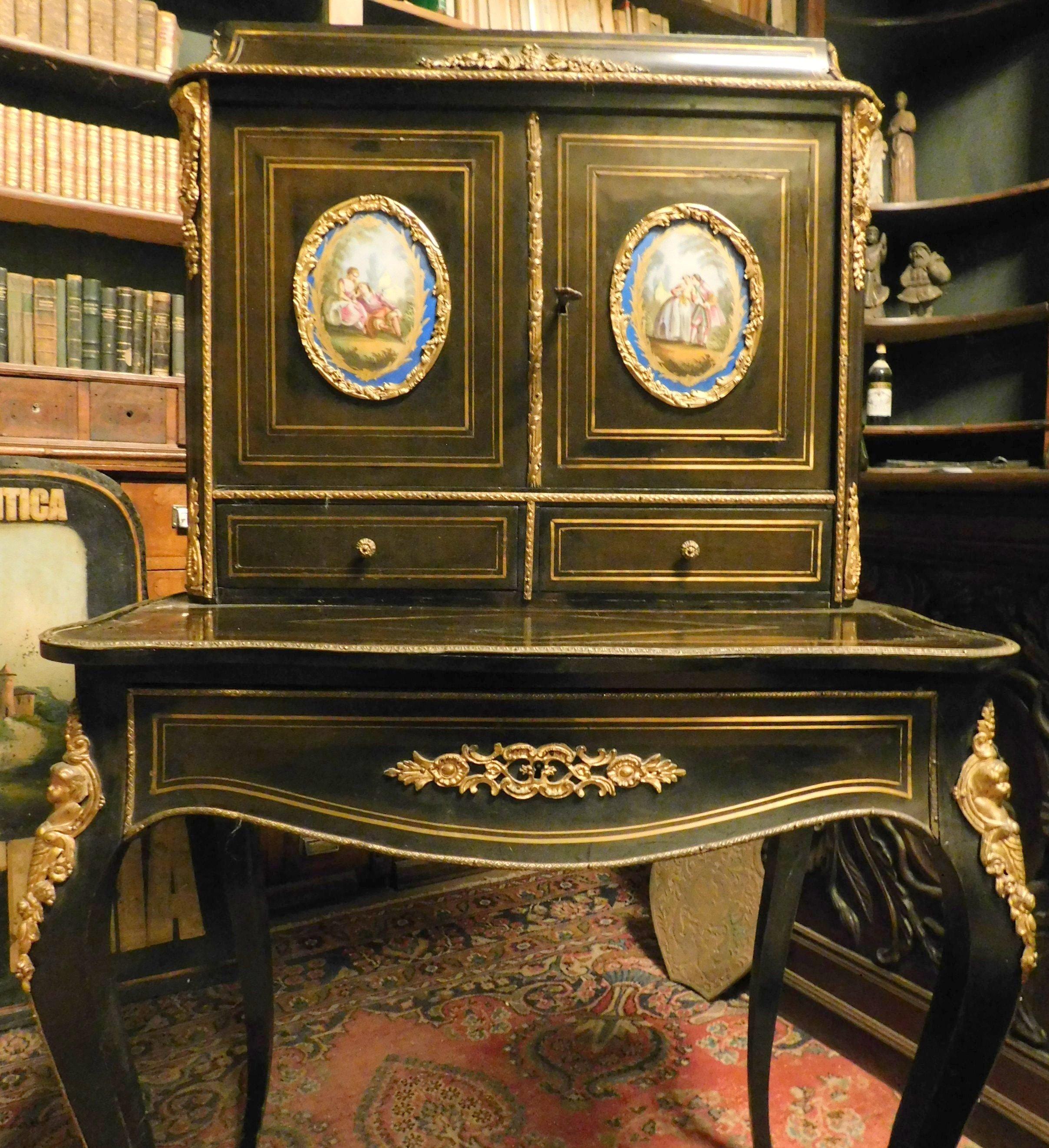 19th Century Antique Writing Desk Raised Doors, Bronze, Brass & Sèvres Ceramics, '800 France For Sale