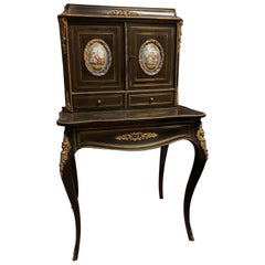 Antique Writing Desk Raised Doors, Bronze, Brass & Sèvres Ceramics, '800 France