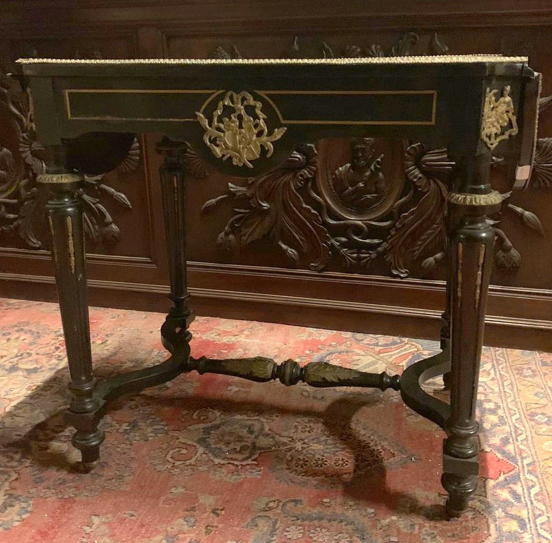 Hand-Carved Antique Writing Desk with Flaps, Brass Ornaments, Late 19th Century France For Sale