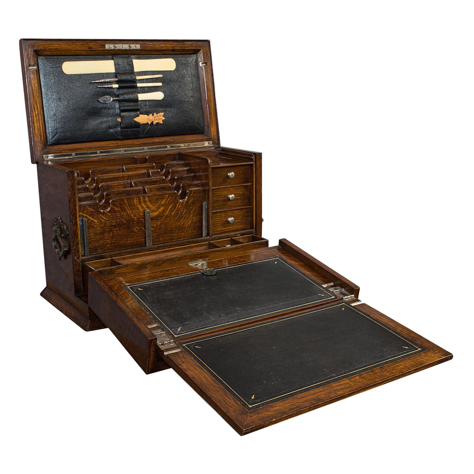 Antique Writing Slope, English, Oak, Travelling Correspondence Box, Edwardian