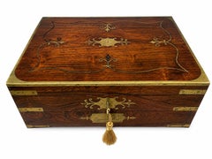 Antique Writing Slope / Lap Desk in Rosewood with Brass Inlay and Green Baize
