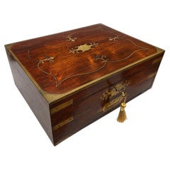Antique Writing Slope / Lap Desk in Rosewood with Brass Inlay and Green Baize