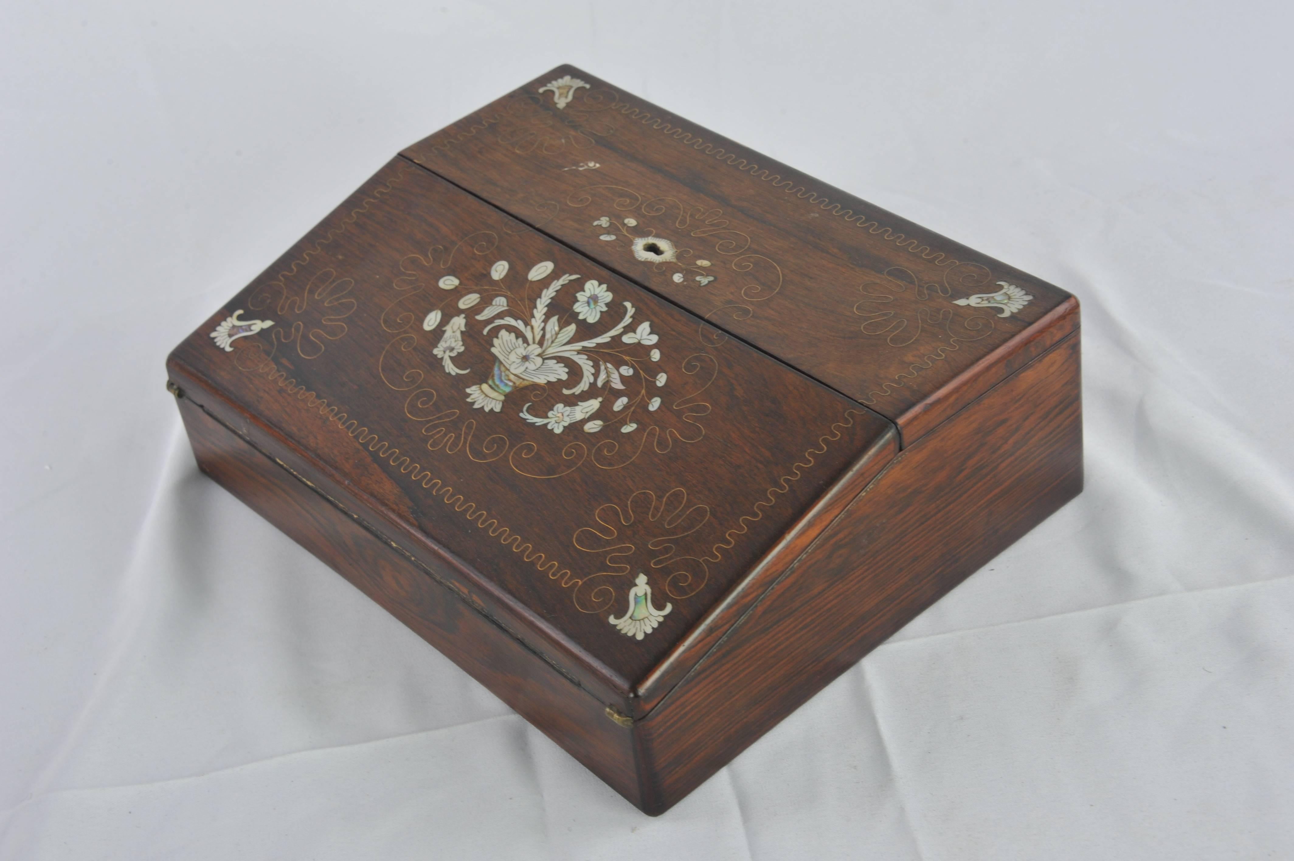 Late 19th Century Antique Writing Slope, Victorian Lap Desk, Rosewood Mother-of-Pearl, 1870