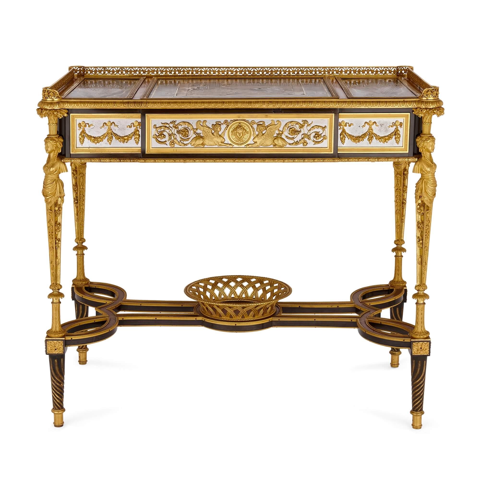 Antique writing table by Beurdeley after a model by Adam Weisweiler
French, c. 1880 
Height 74cm, width 83cm, depth 46cm

Crafted by the prestigious 19th century furniture makers Beurdeley (active 1818-1895), this extraordinary writing table