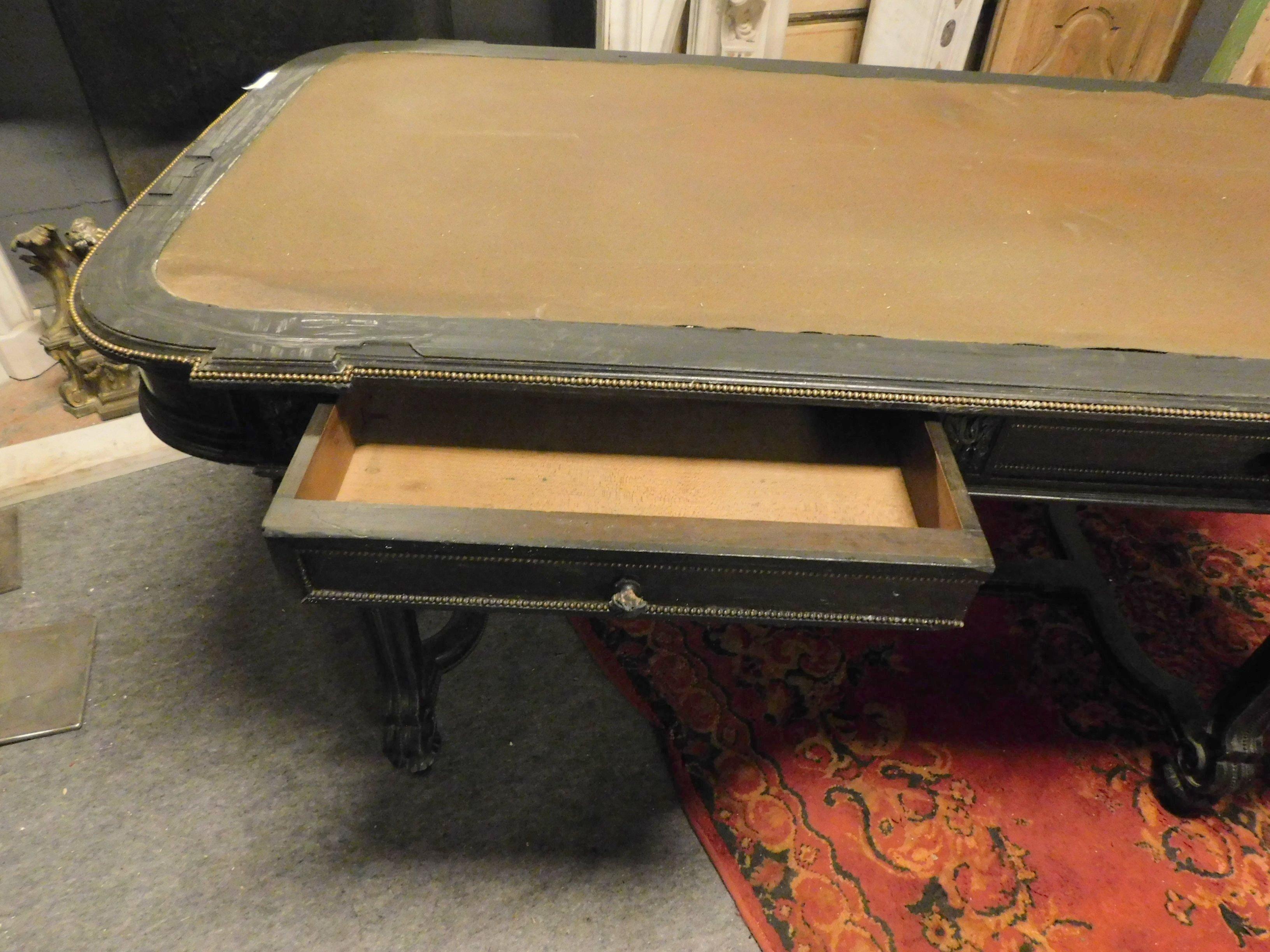 Antique Writing Table in Black Lacquered Wood, Leather and Drawers, 1800, Italy 7