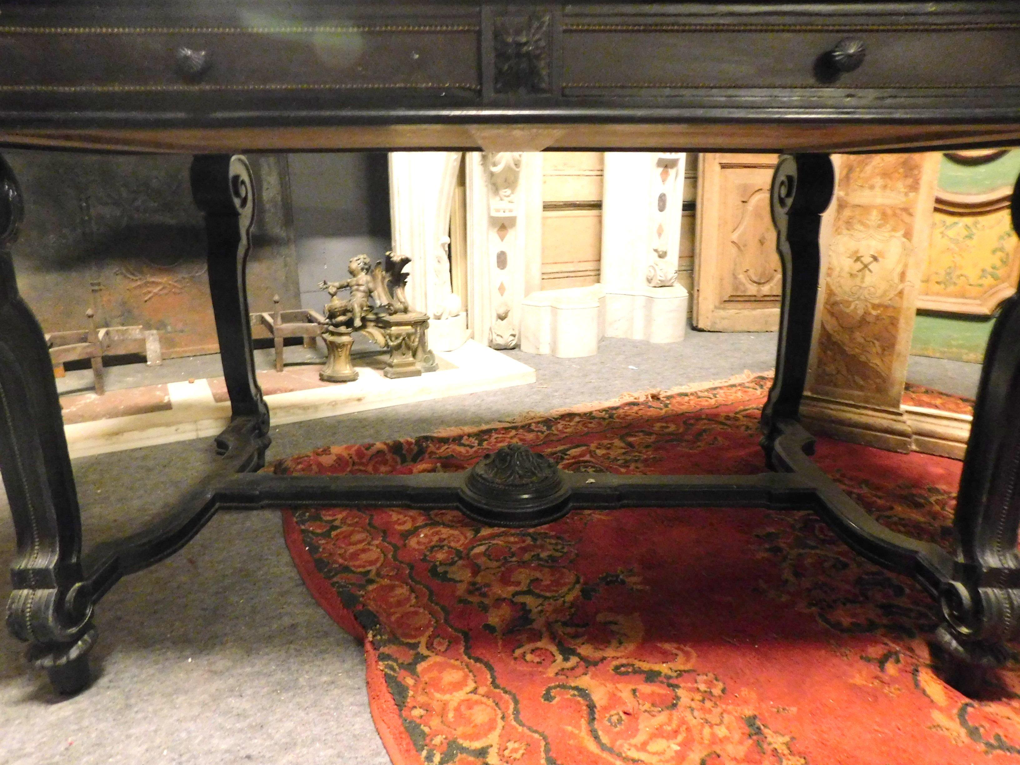 Antique Writing Table in Black Lacquered Wood, Leather and Drawers, 1800, Italy 11