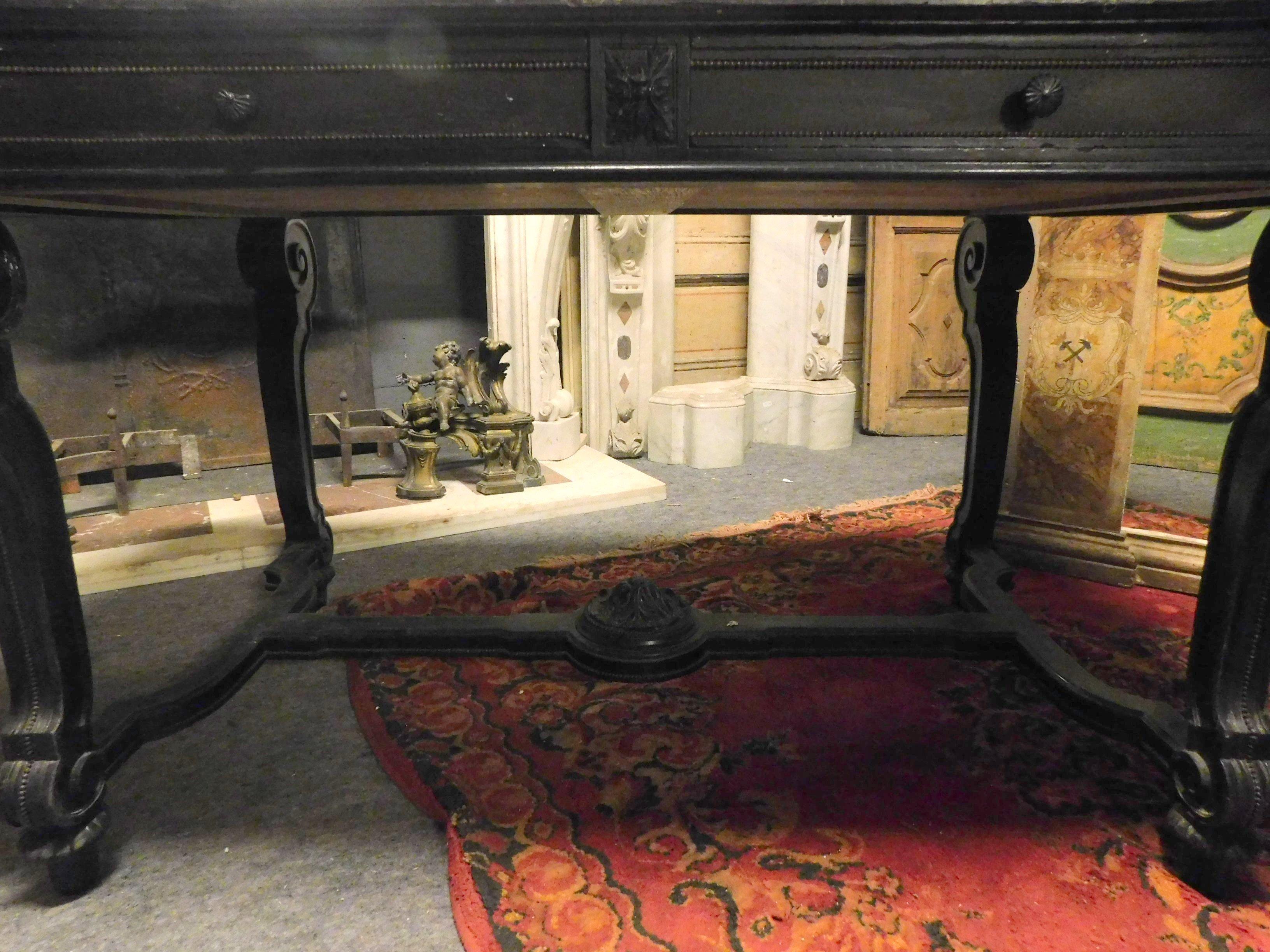 Antique Writing Table in Black Lacquered Wood, Leather and Drawers, 1800, Italy 12