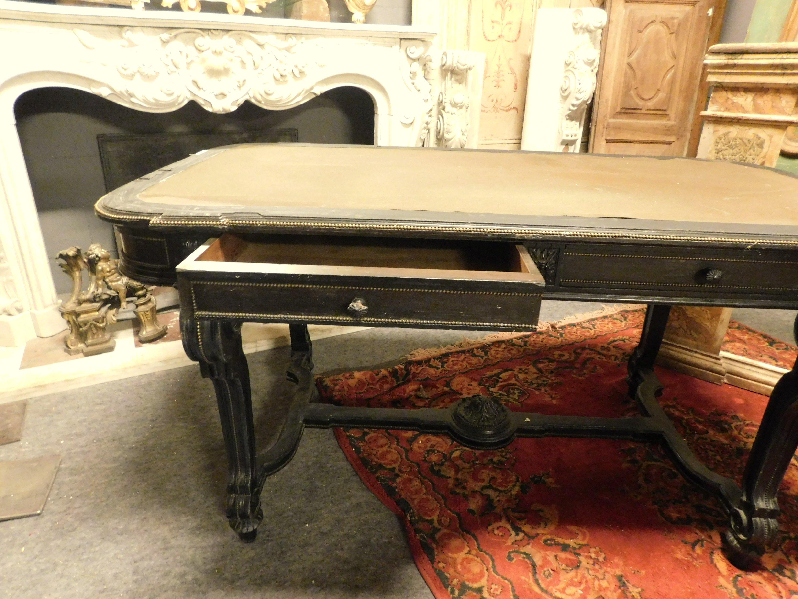 Italian Antique Writing Table in Black Lacquered Wood, Leather and Drawers, 1800, Italy