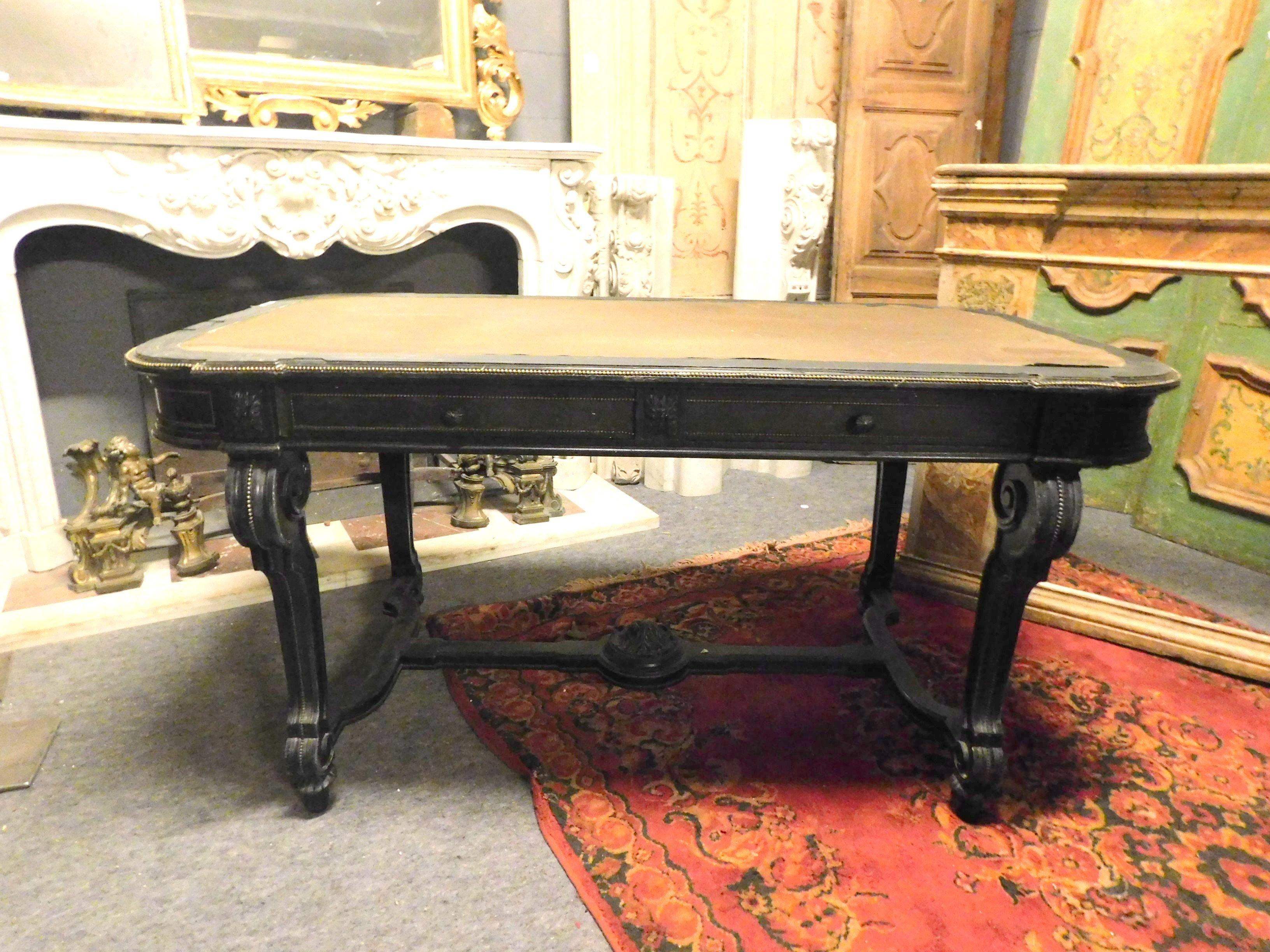 Antique Writing Table in Black Lacquered Wood, Leather and Drawers, 1800, Italy 3
