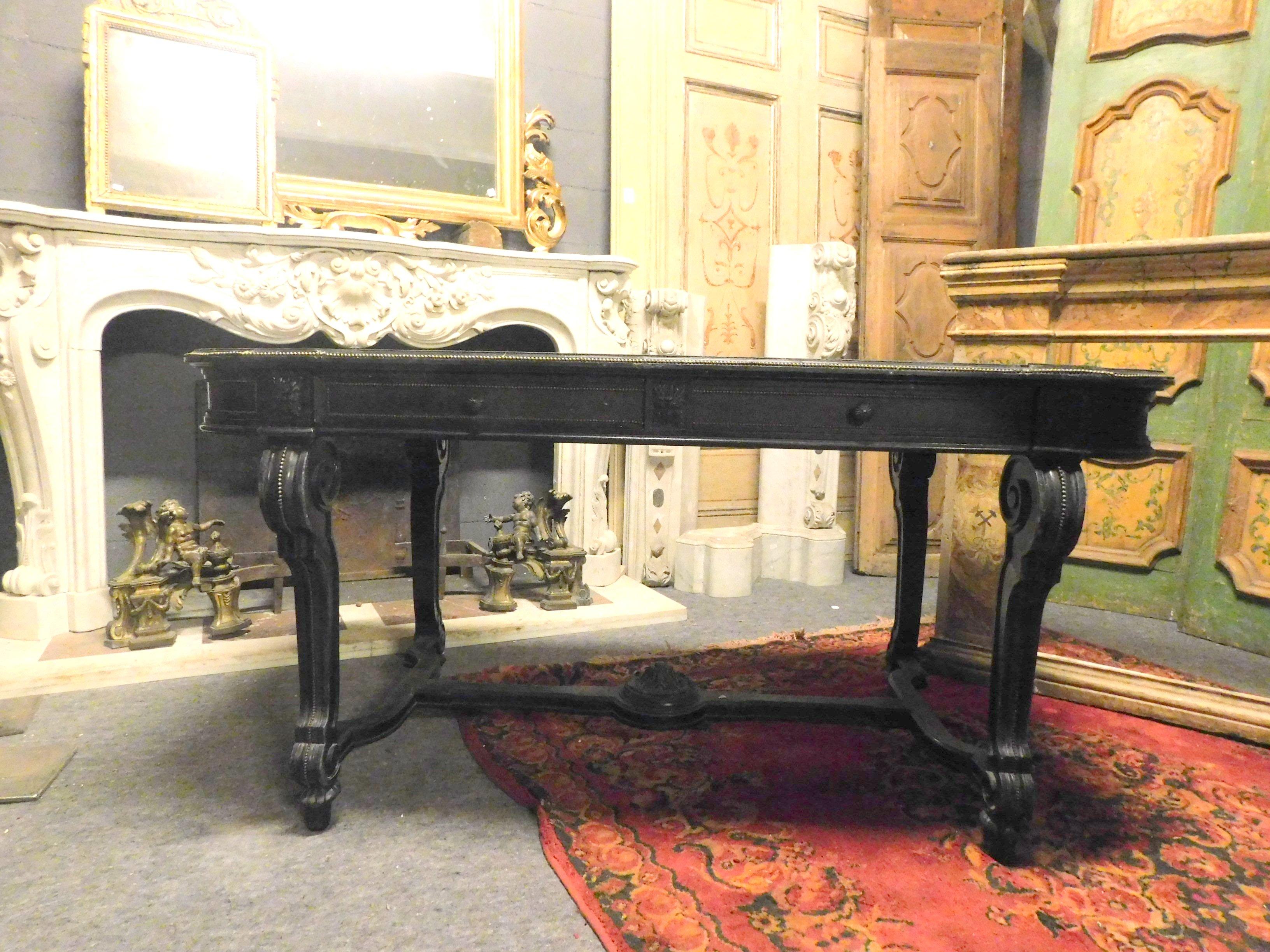 Antique Writing Table in Black Lacquered Wood, Leather and Drawers, 1800, Italy 4