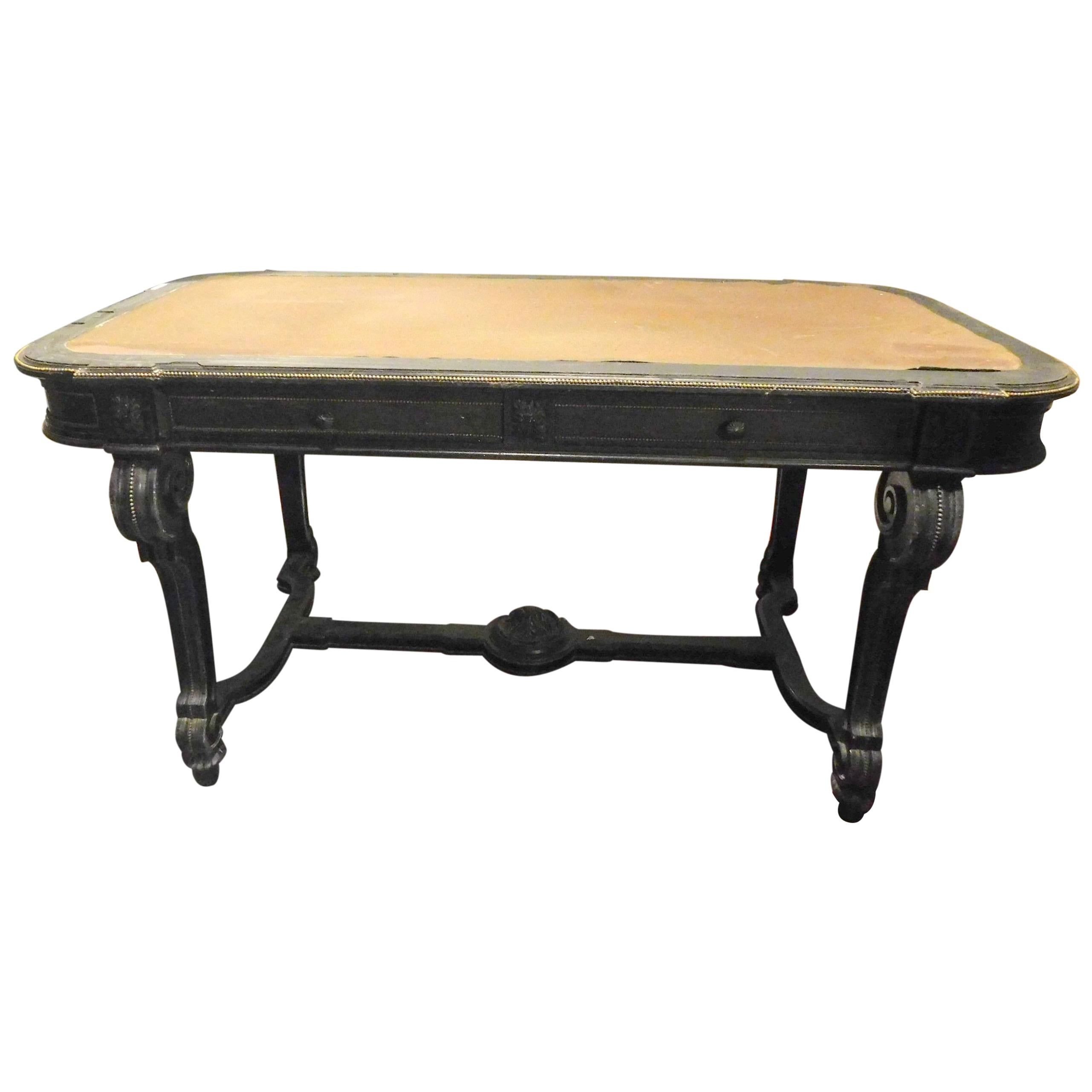 Antique Writing Table in Black Lacquered Wood, Leather and Drawers, 1800, Italy