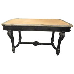 Antique Writing Table in Black Lacquered Wood, Leather and Drawers, 1800, Italy