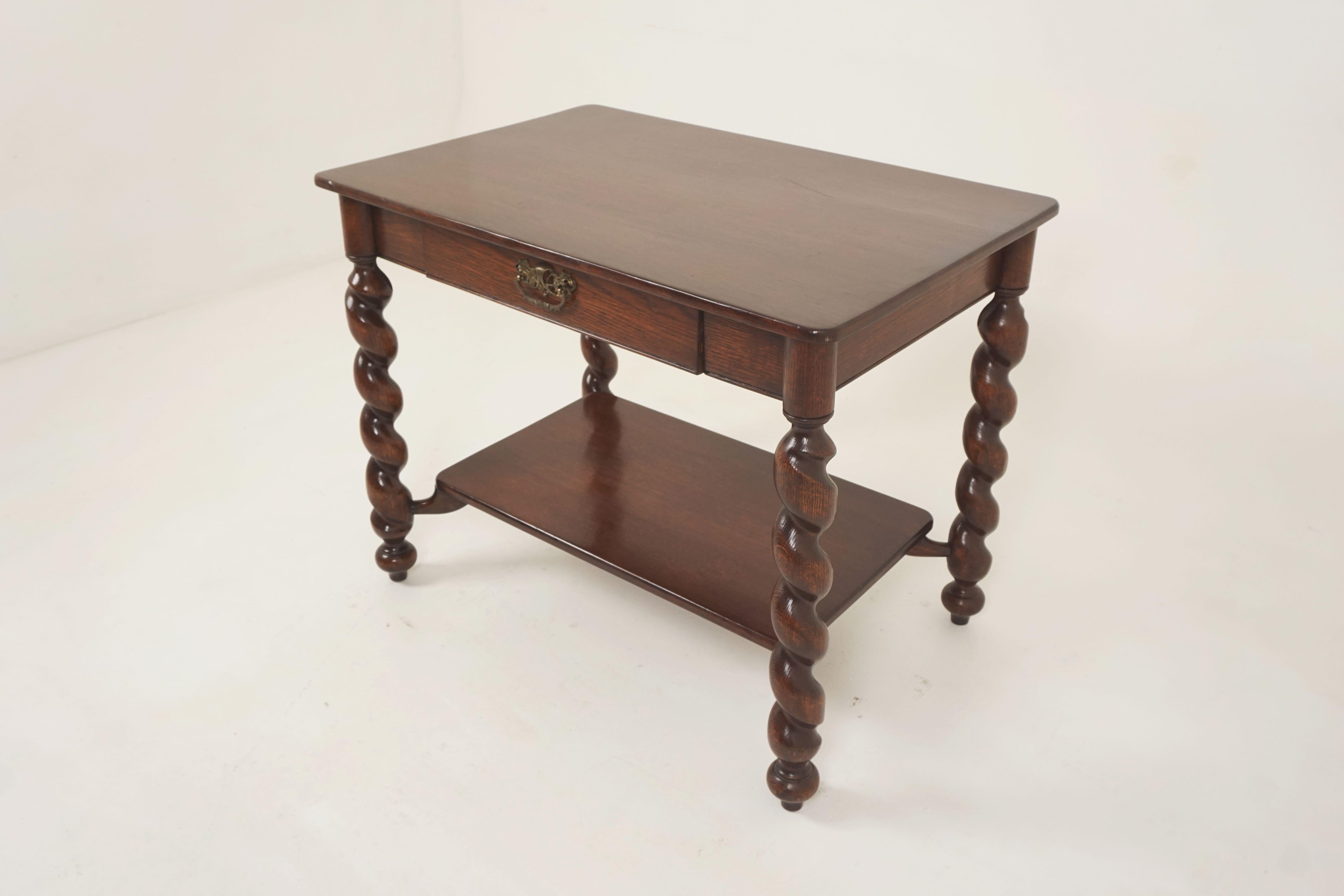 Antique writing table, oak library barley twist hall table, American 1920, B2731

American 1920
Solid oak
Table has been refinished
Rectangular top with rounded ends
Single dovetailed drawer below with original brass pulls
All standing on