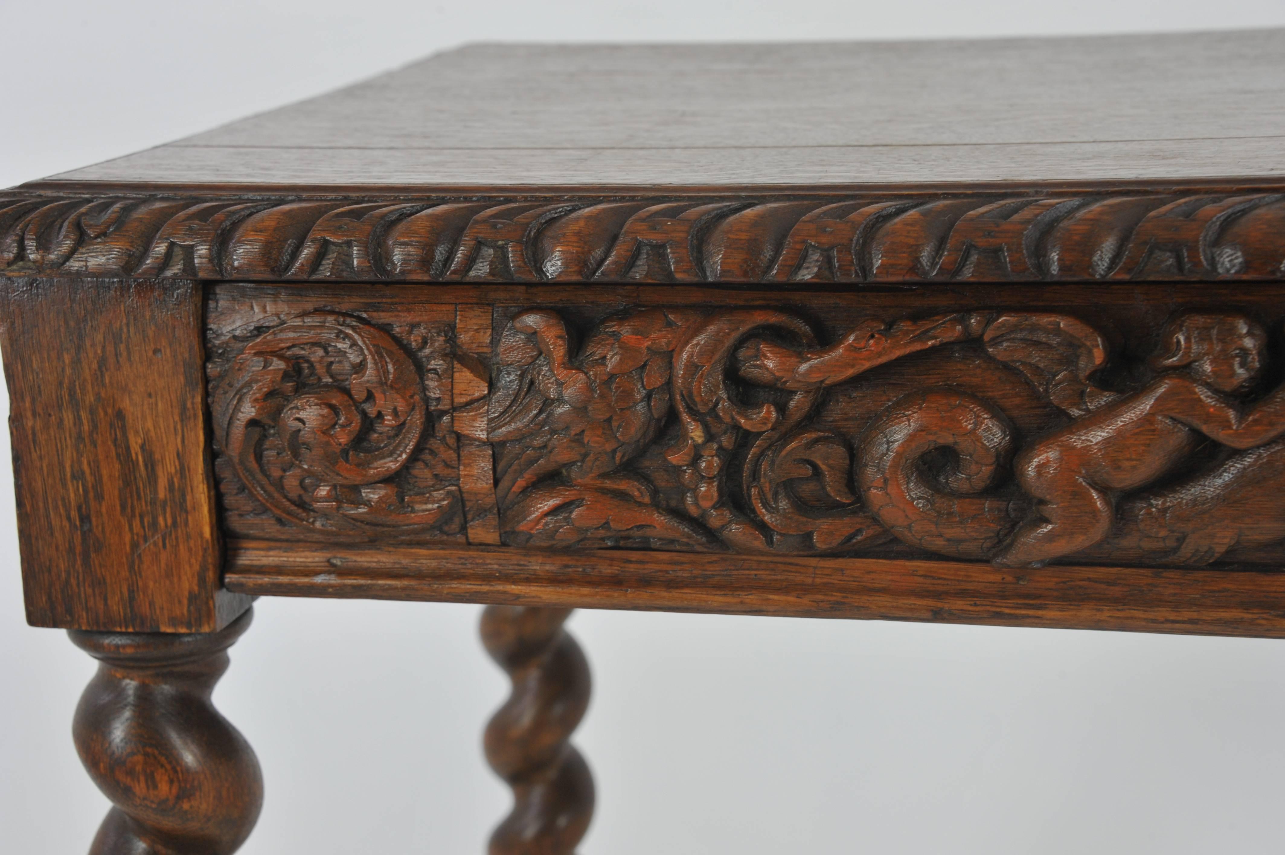 Antique writing table, antique oak desk, Victorian, Scotland, 1870

Scotland, 1879
Solid tiger oak construction
Tiger oak top with carved border around all four sides
Single carved drawer in front
All other three sides have carved panels
Sitting on