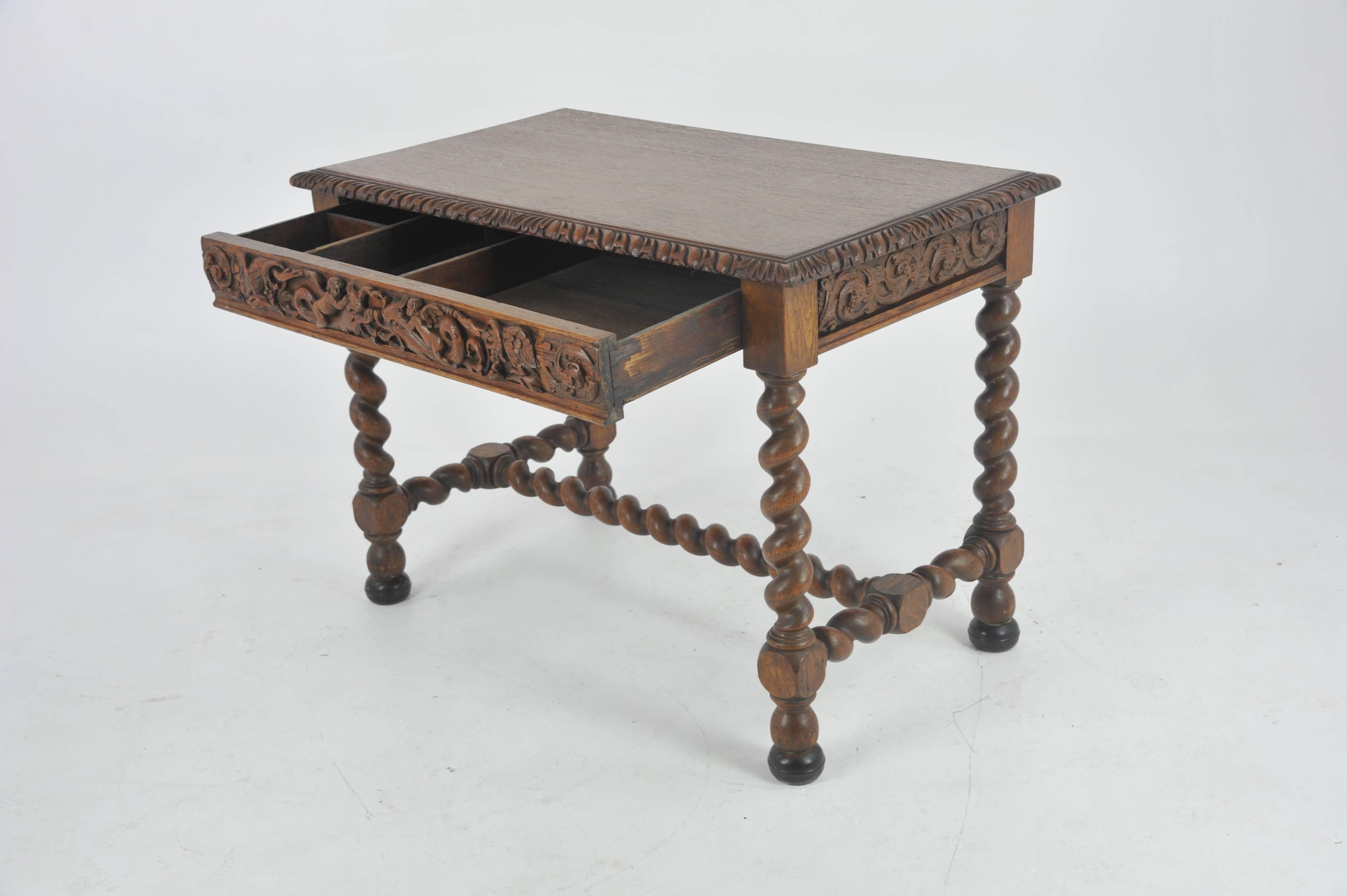 Hand-Carved Antique Writing Table, Antique Oak Desk, Victorian, Scotland, 1870
