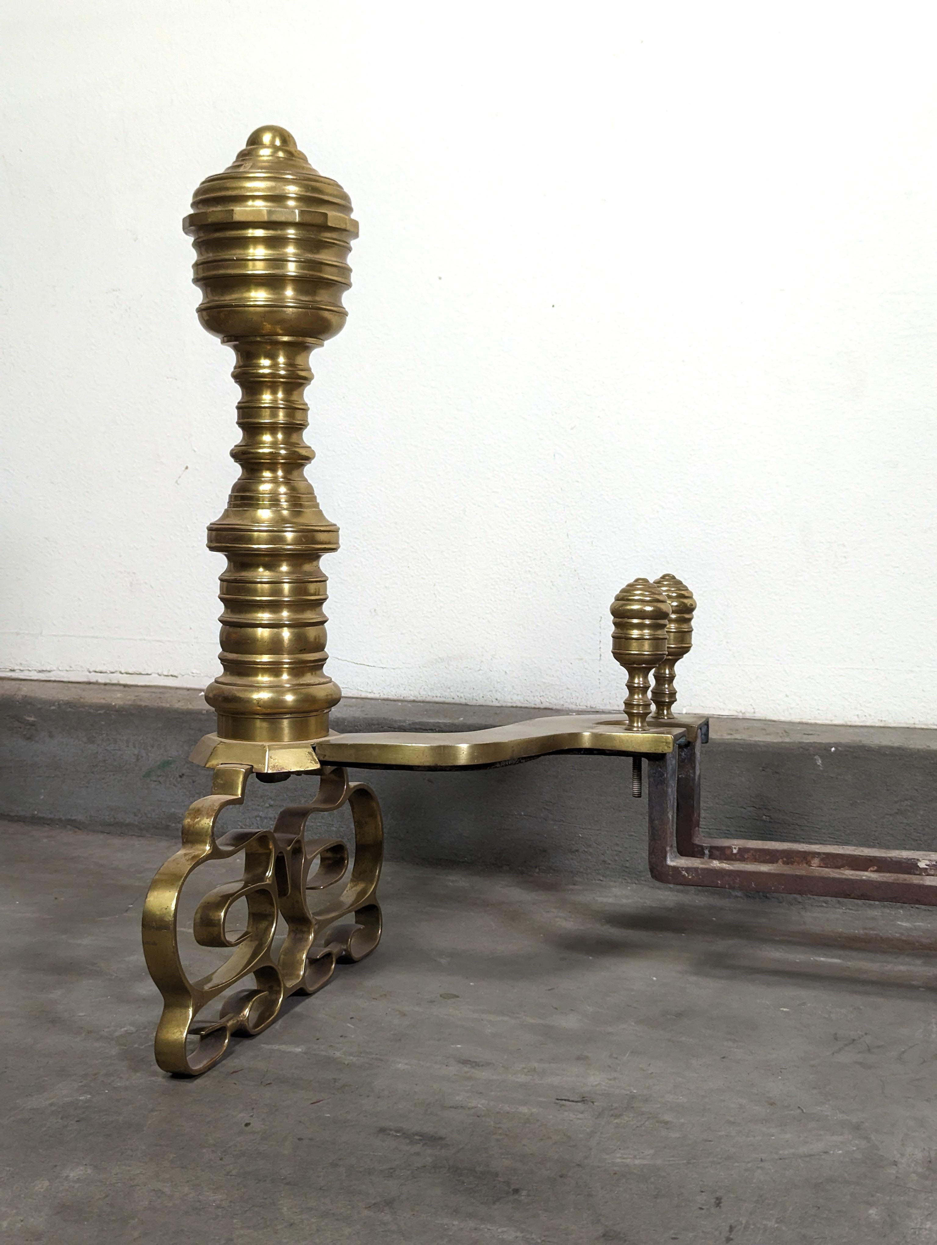 Antique Wrought Iron and Brass Georgian Style Andirons For Sale 5