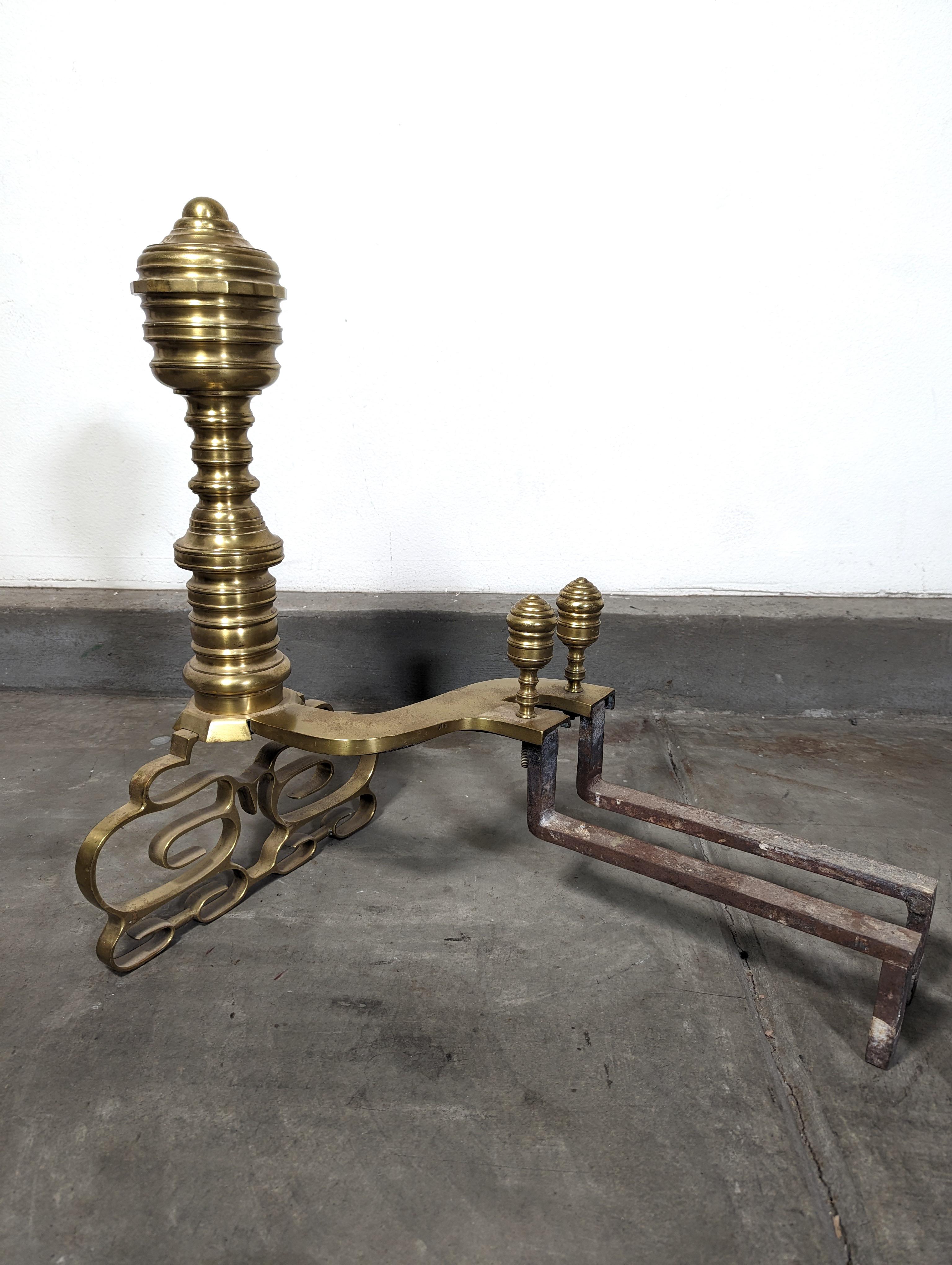 19th Century Antique Wrought Iron and Brass Georgian Style Andirons For Sale