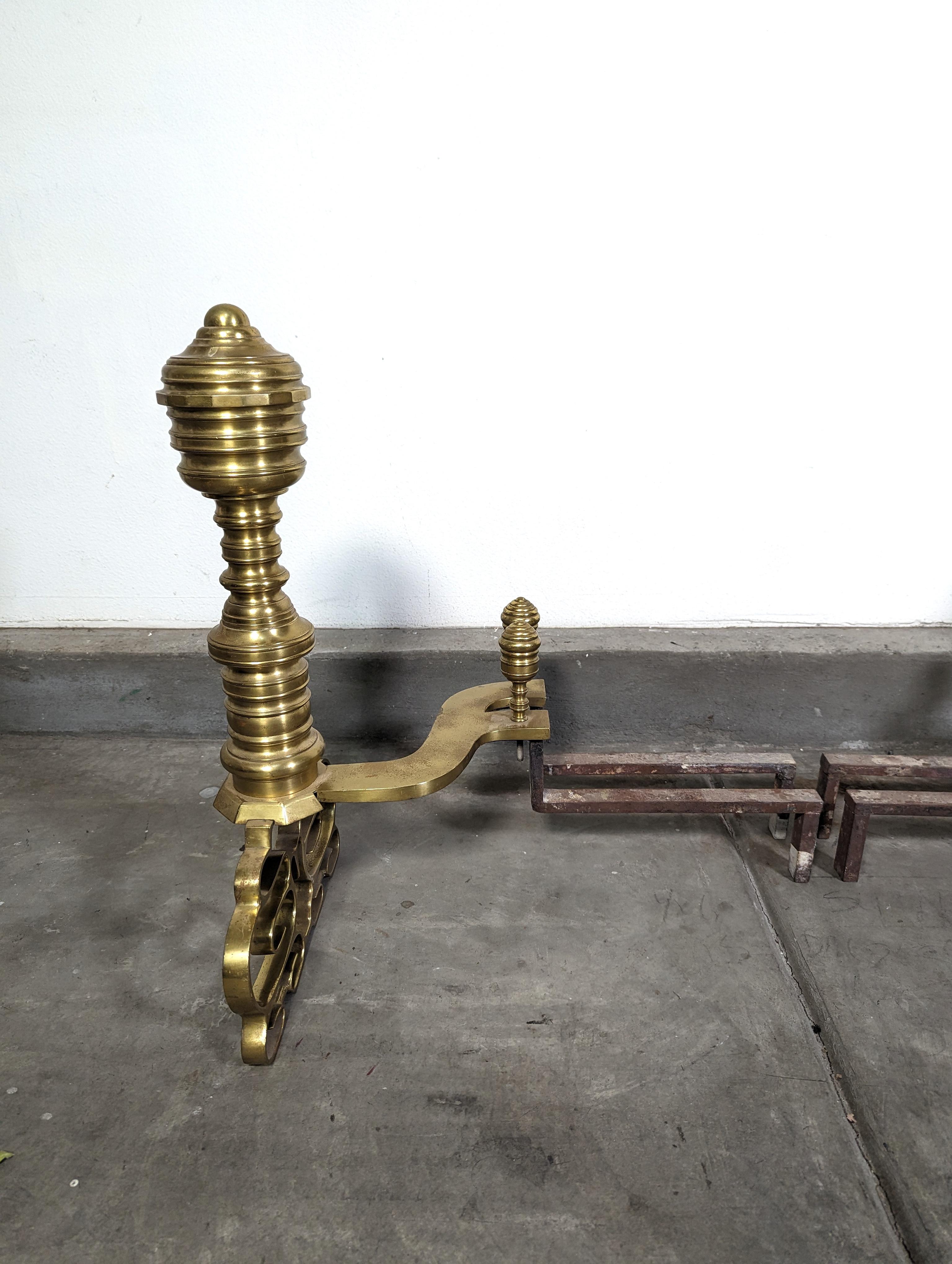 Antique Wrought Iron and Brass Georgian Style Andirons For Sale 1