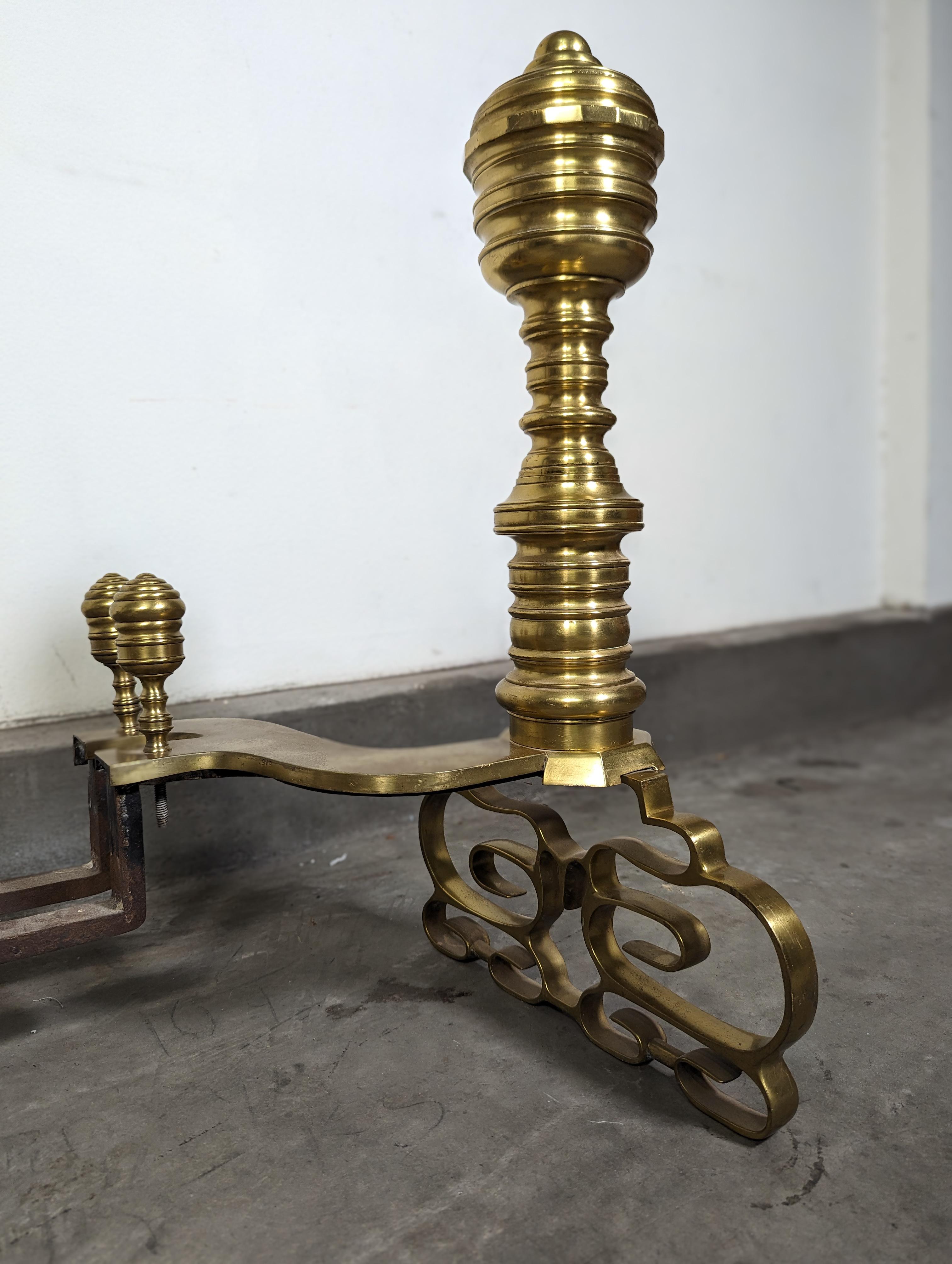 Antique Wrought Iron and Brass Georgian Style Andirons For Sale 2