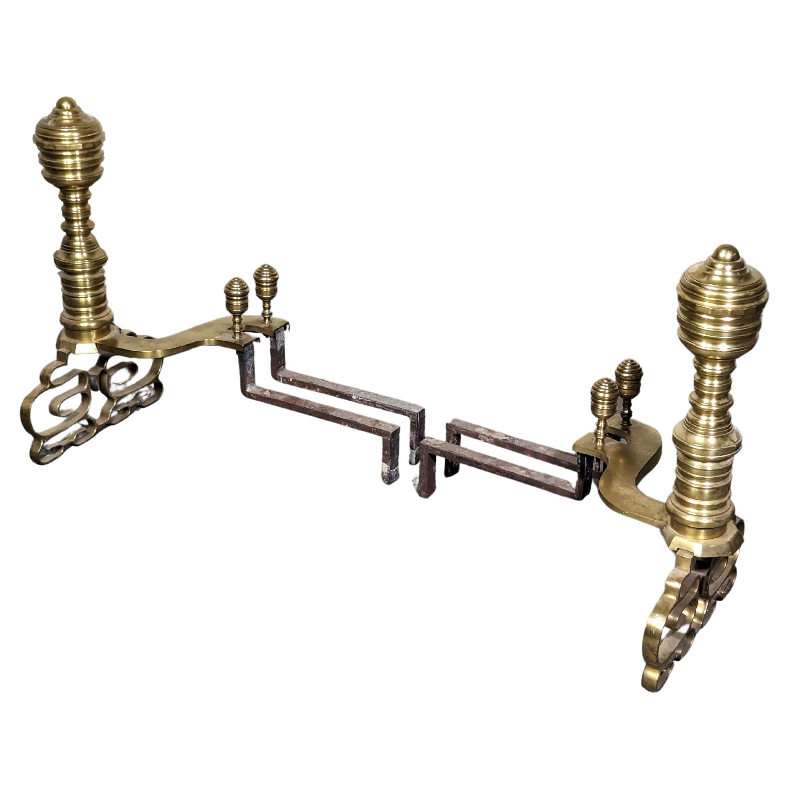 Antique Wrought Iron and Brass Georgian Style Andirons For Sale