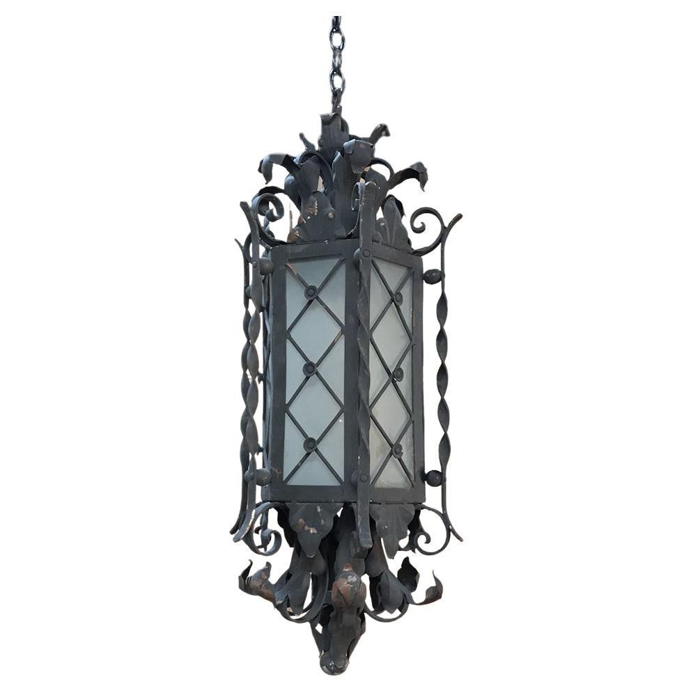 Antique Wrought Iron and Frosted Glass Lantern Chandelier 